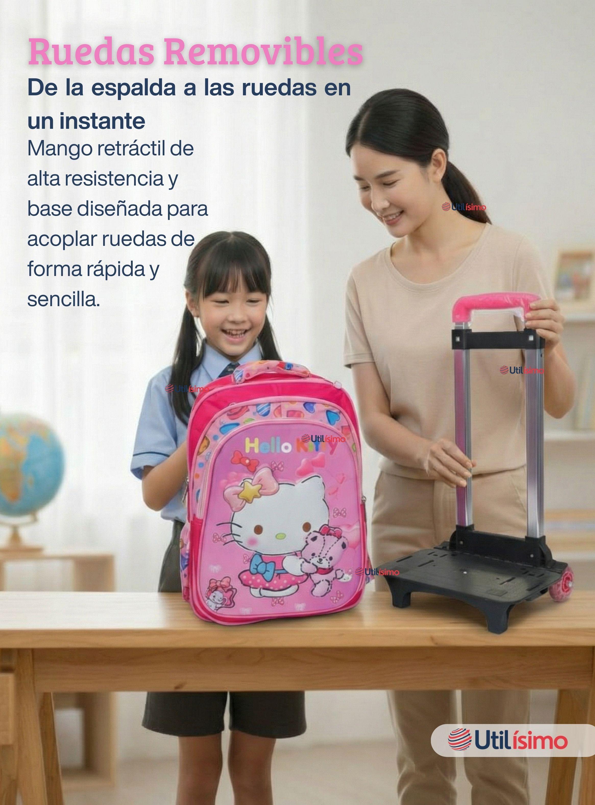 Mochila Escolar Hello Kitty Teddy Con Ruedas Desmontables + Estuche + Lonchera para Niñas Poliéster-4