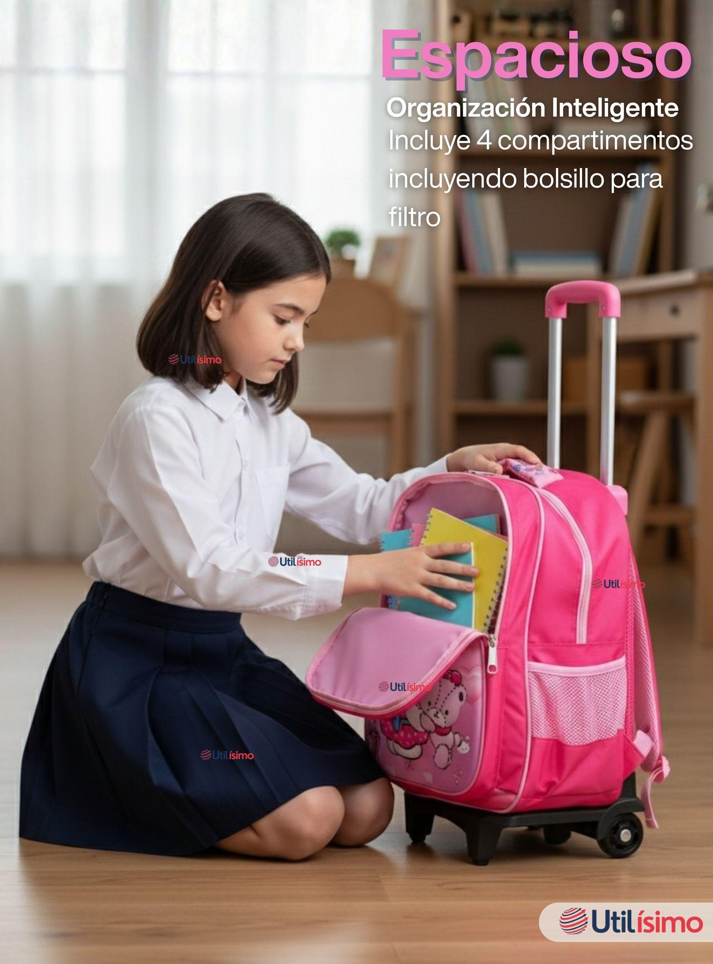 Mochila Escolar Hello Kitty Teddy Con Ruedas Desmontables + Estuche + Lonchera para Niñas Poliéster-5