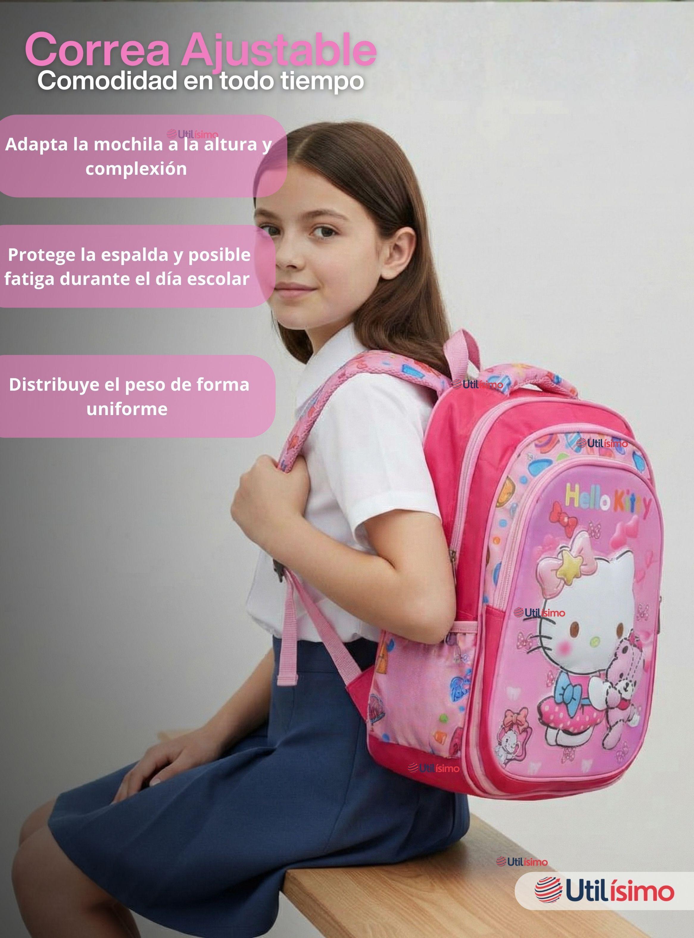 Mochila Escolar Hello Kitty Teddy Con Ruedas Desmontables + Estuche + Lonchera para Niñas Poliéster-6