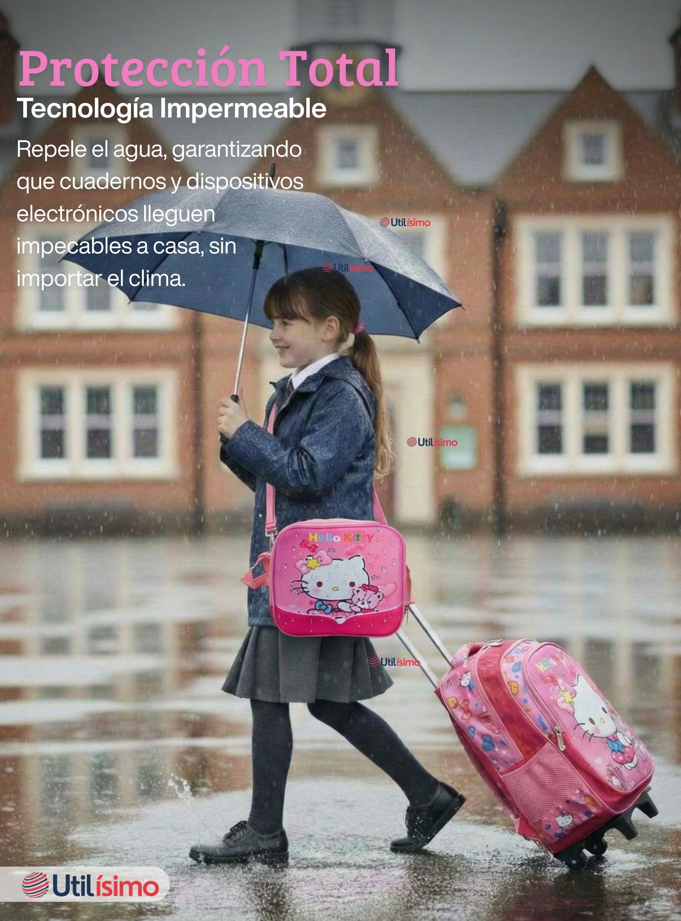 Mochila Escolar Hello Kitty Teddy Con Ruedas Desmontables + Estuche + Lonchera para Niñas Poliéster-7