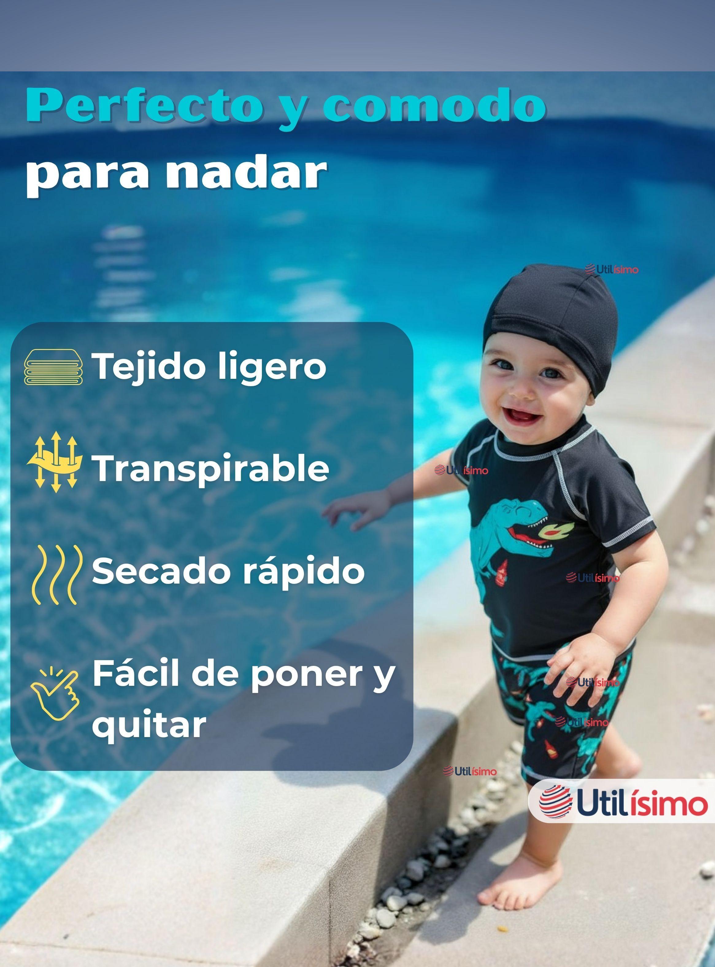 Traje De Baño Polera Manga Corta Pantalón Corto y Gorro 3 piezas Niño de 3 a 9 Años Dino-4