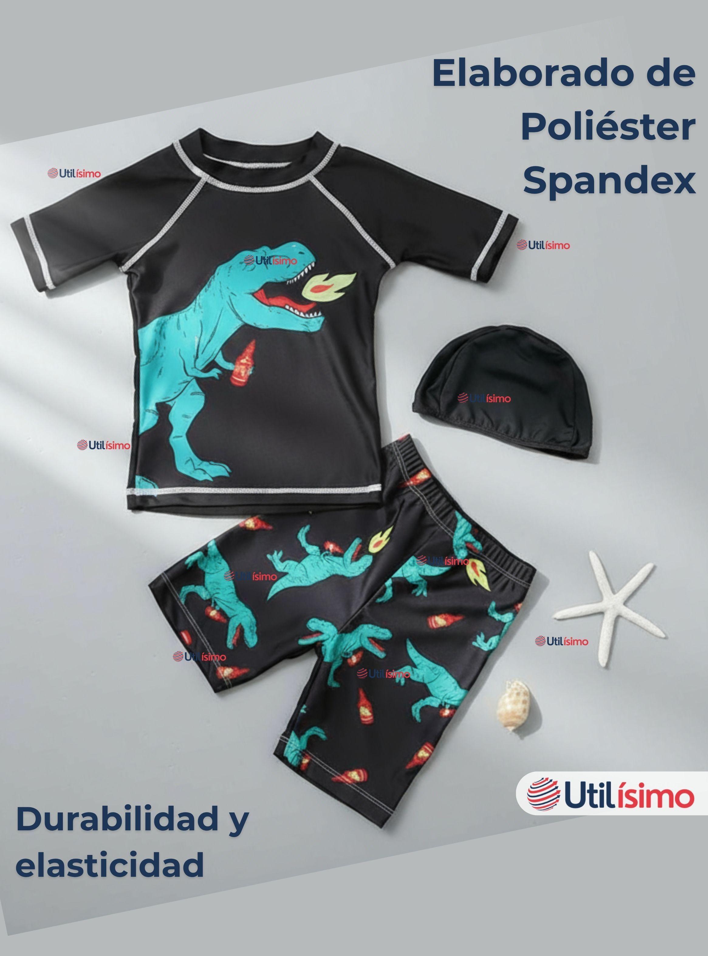 Traje De Baño Polera Manga Corta Pantalón Corto y Gorro 3 piezas Niño de 3 a 9 Años Dino-5