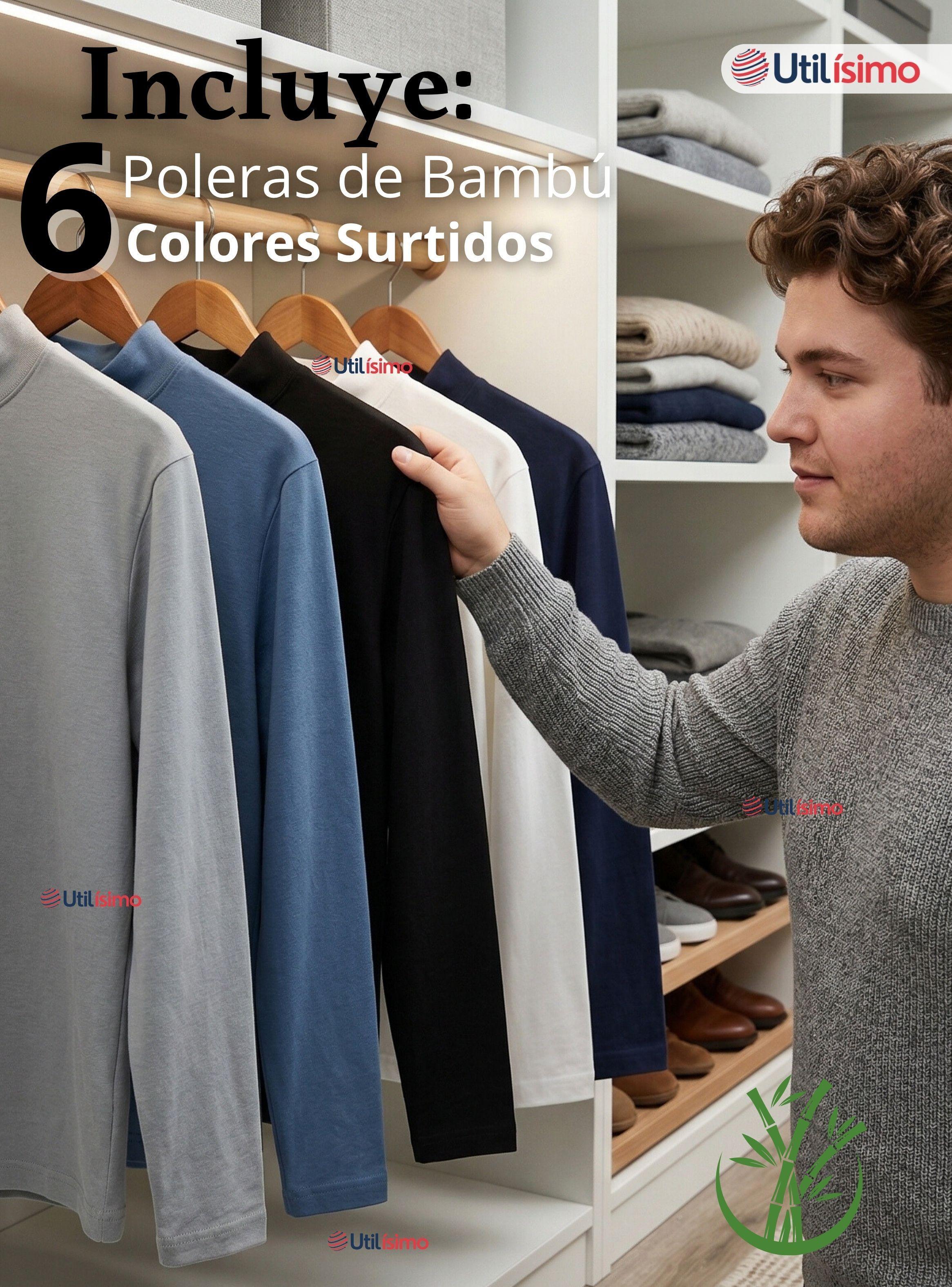 Pack 6 Camisetas Poleras Bambú Primera Capa Cuello Beatle Manga Larga Colores Surtidos Hombre-2