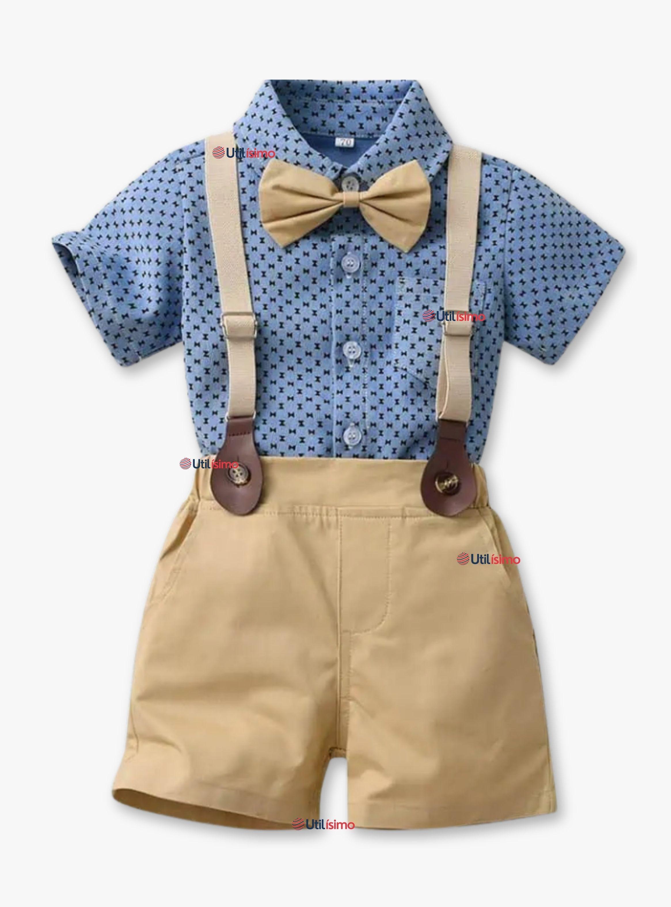Conjunto de Vestir con Tirantes Camisa Azul Pantalón Corto Beige Algodón Bebe y Niño-0