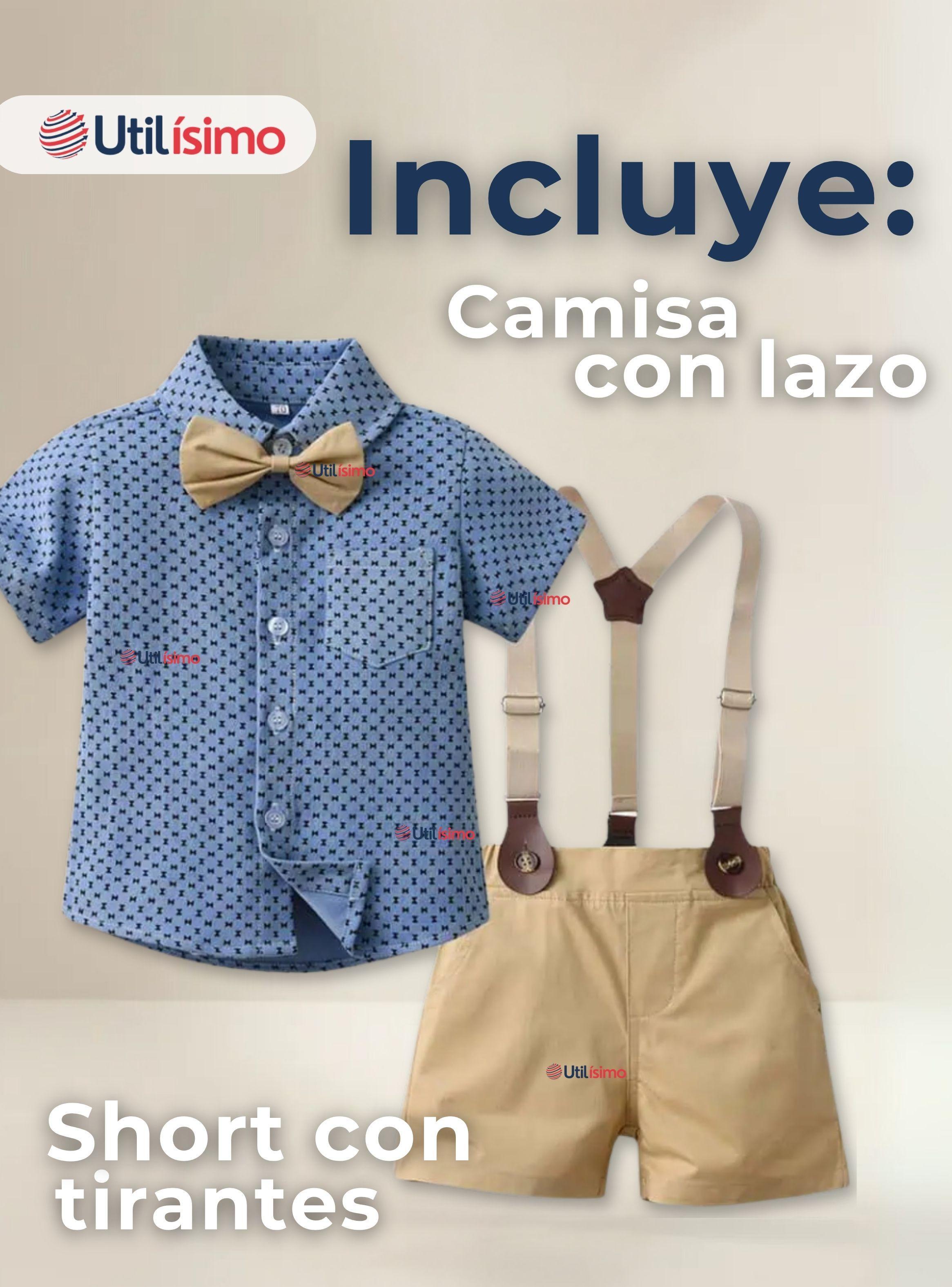 Conjunto de Vestir con Tirantes Camisa Azul Pantalón Corto Beige Algodón Bebe y Niño-1