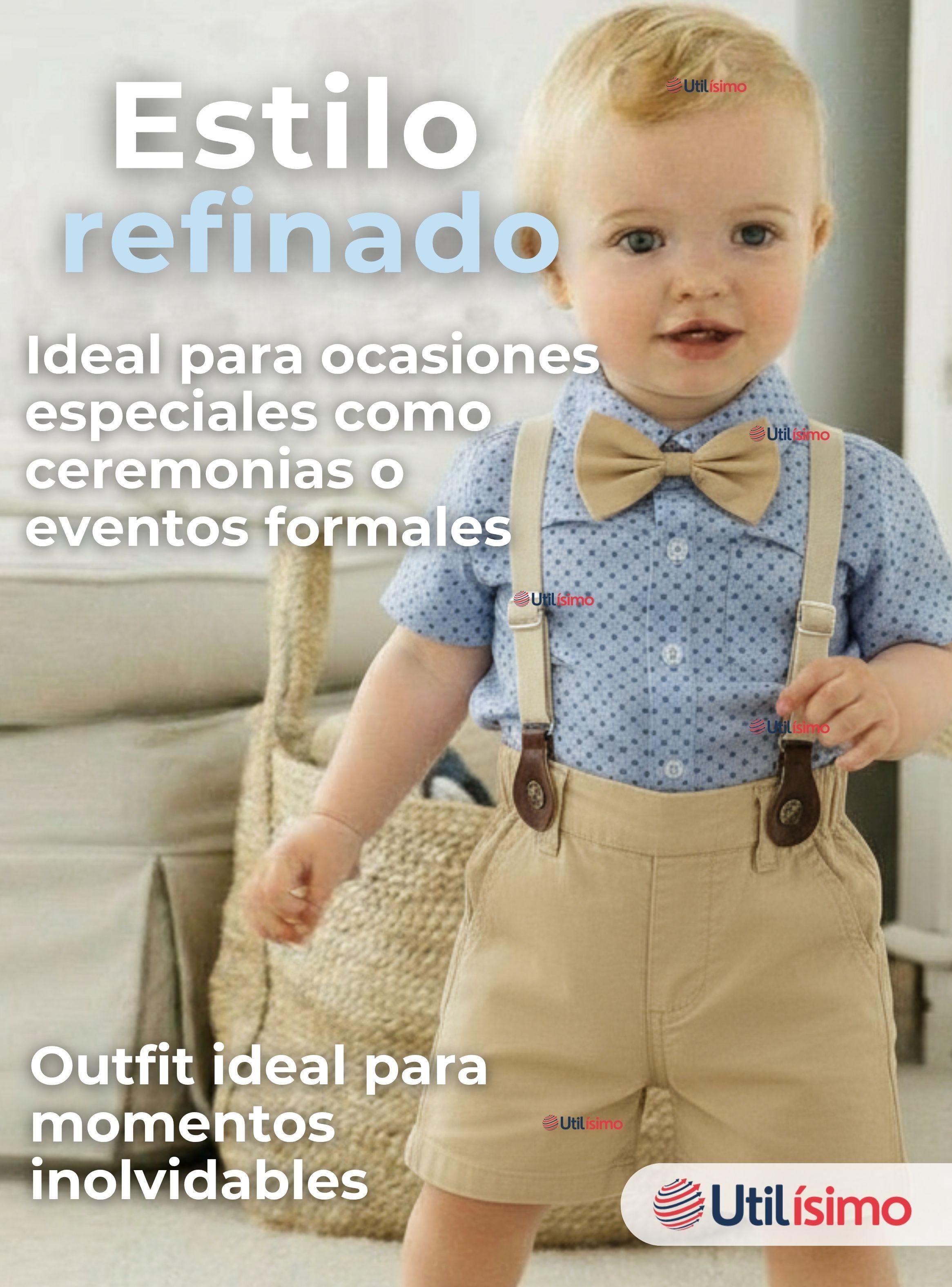 Conjunto de Vestir con Tirantes Camisa Azul Pantalón Corto Beige Algodón Bebe y Niño-6