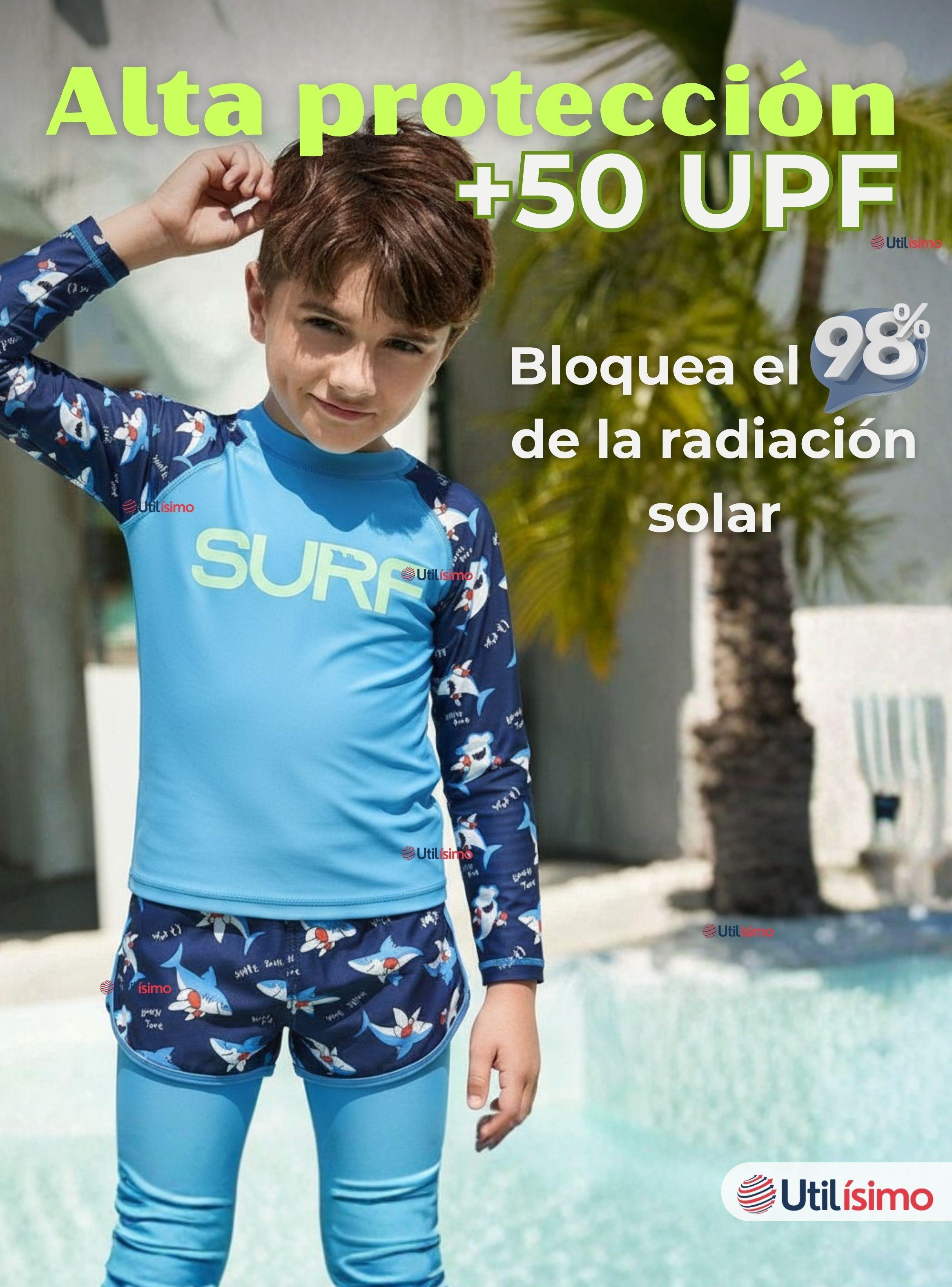 Traje De Baño Polera Manga Larga Con Pantalón Largo y Corto Niño de 3 a 11 Años Blue Surf-6