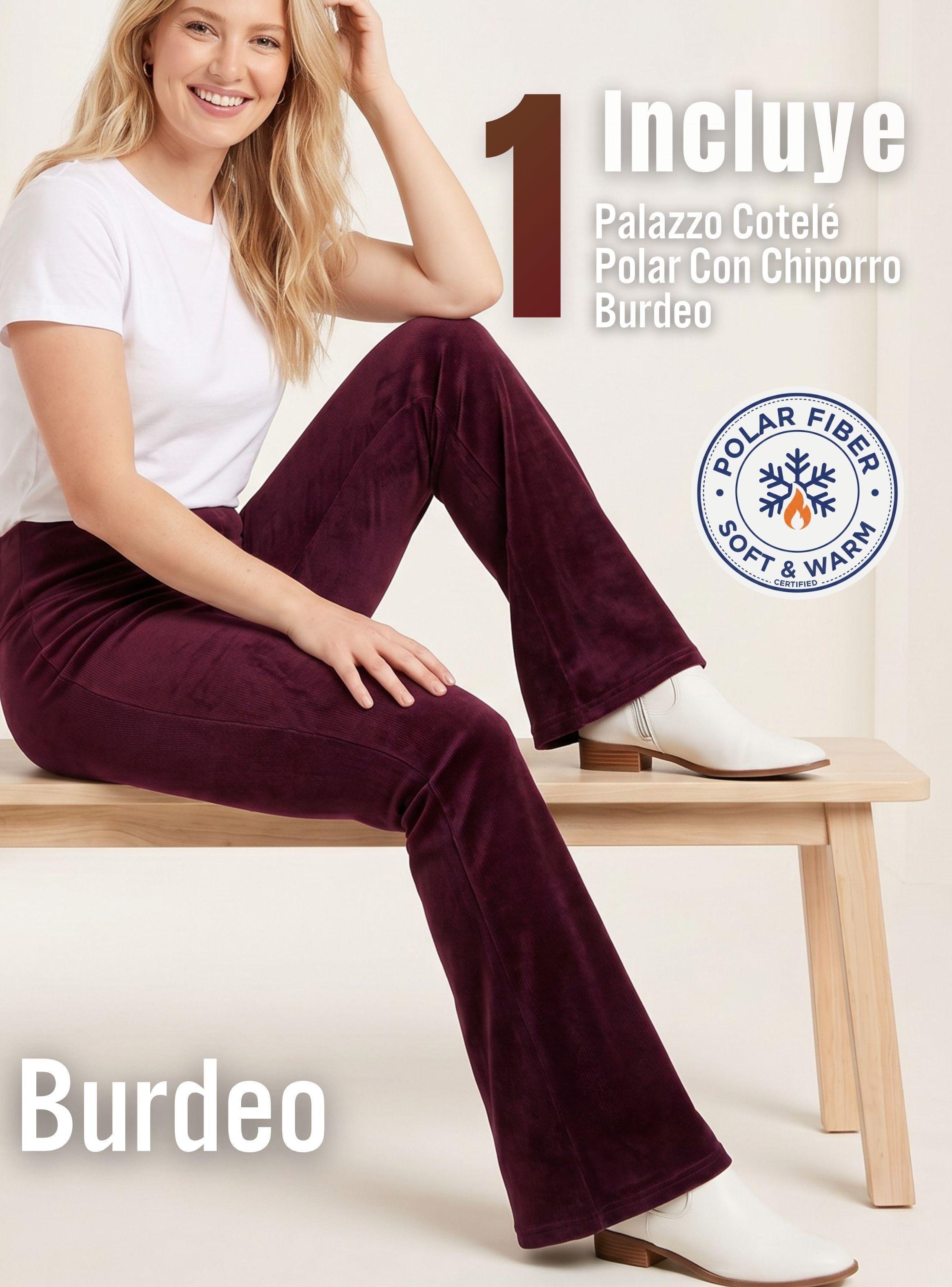 Pantalón Cotelé Palazzo Polar Con Chiporro Elasticado Térmico Burdeo-2