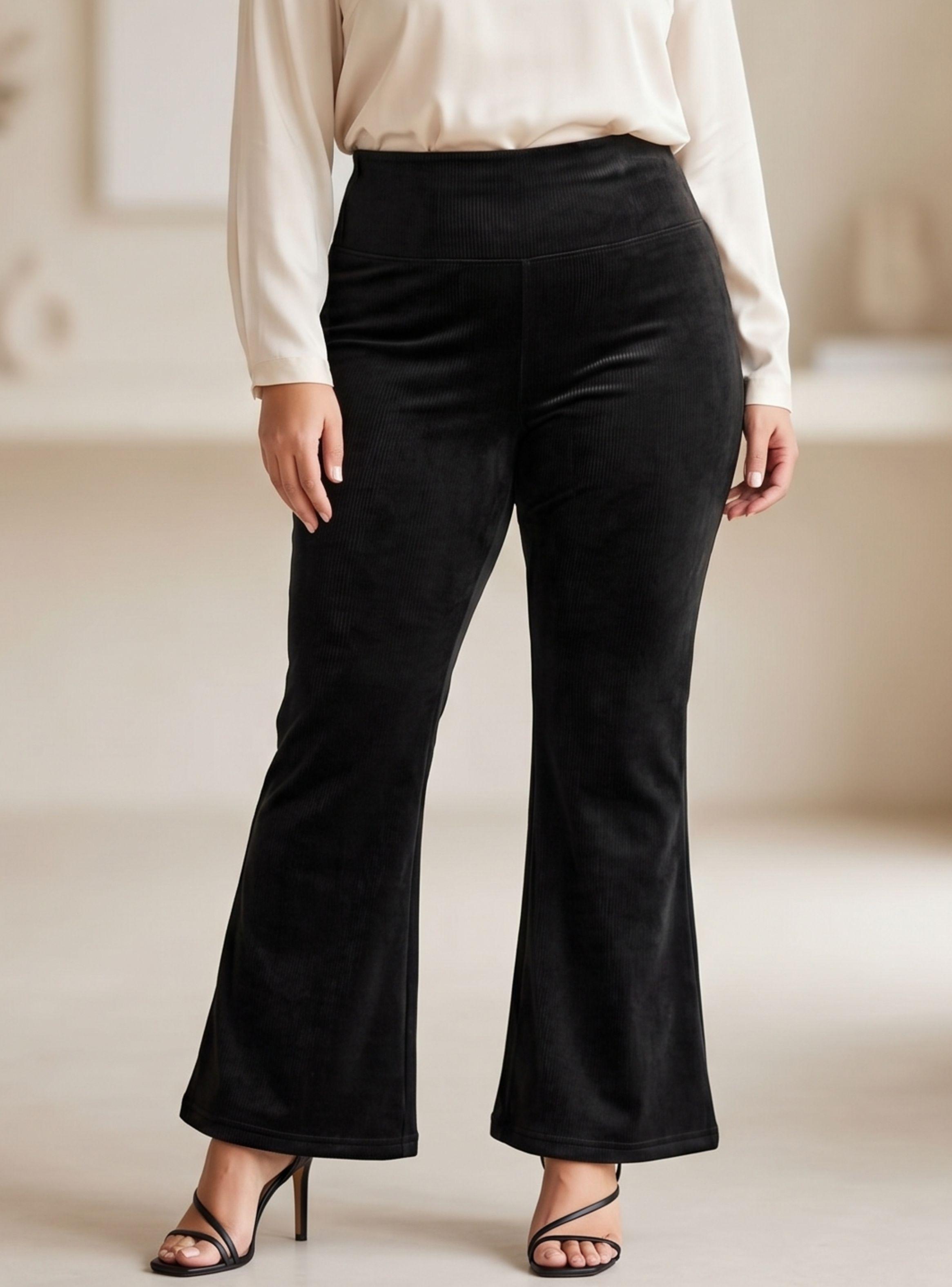 Pantalón Cotelé Palazzo Polar Con Chiporro Color Negro Elasticado Térmico-0