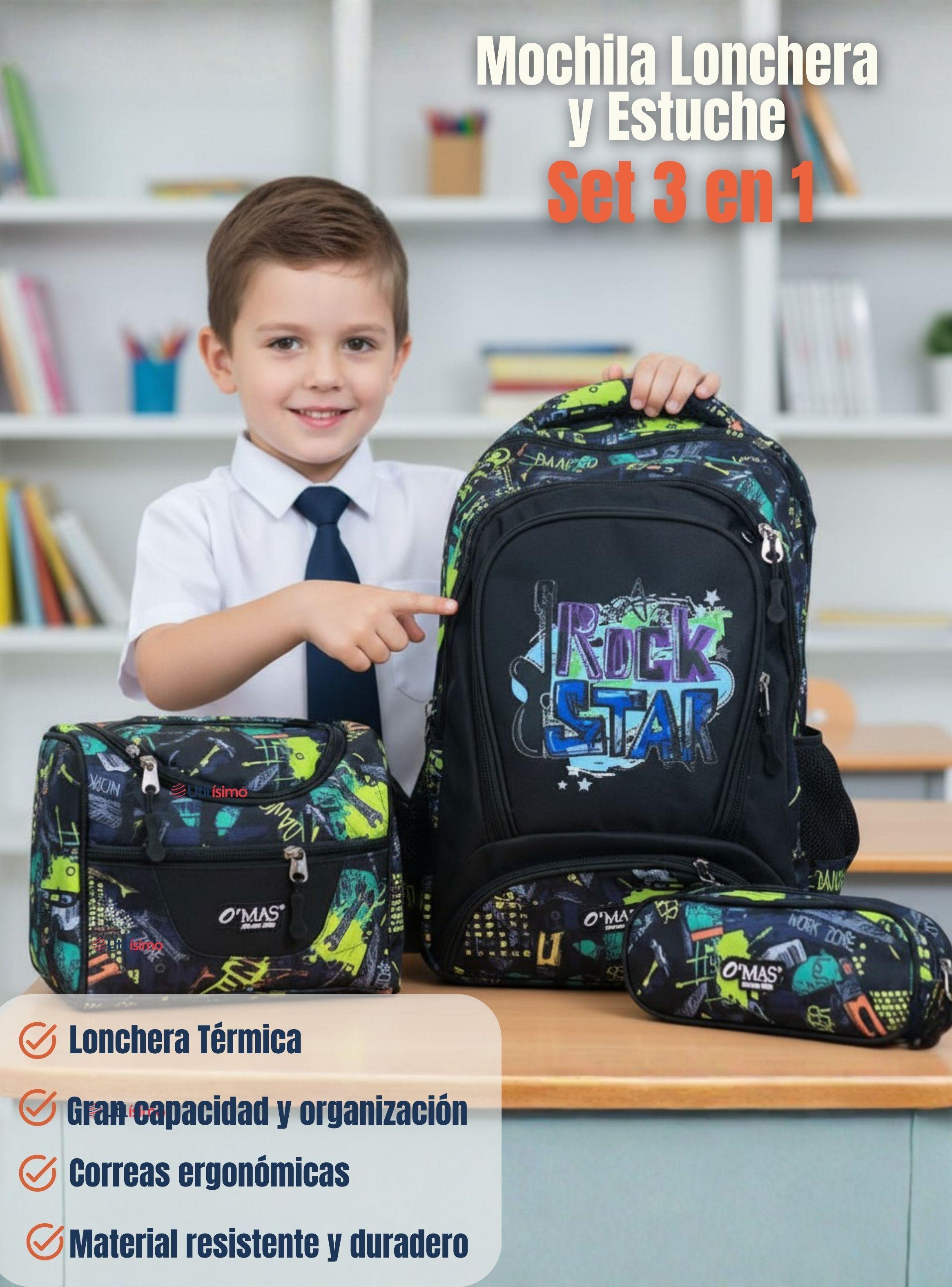 Mochila Escolar Kit + Estuche y Lonchera 45cm Tela Oxford Rock Star para Niños-2
