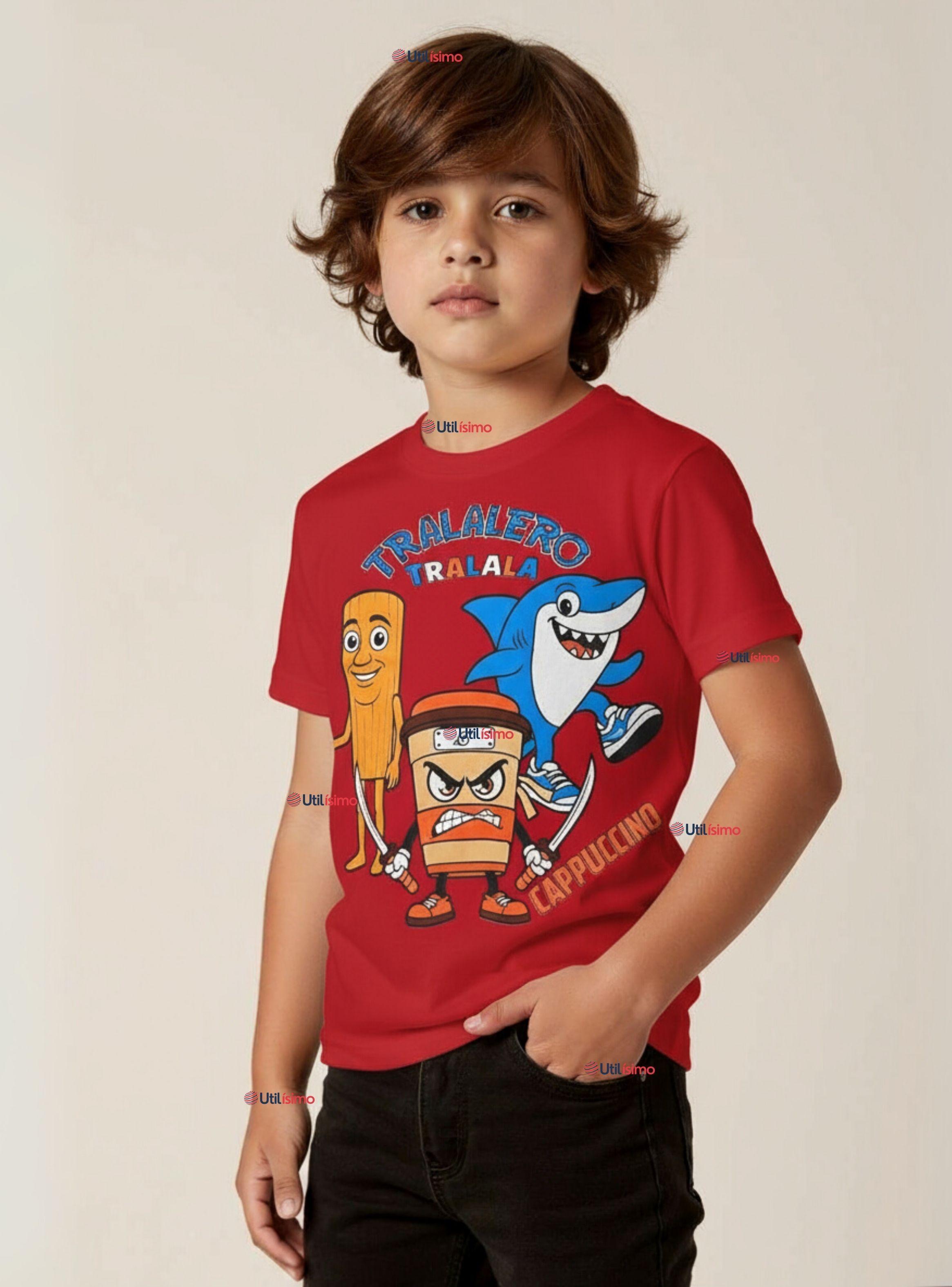 Polera Brainrots 100% Algodón Manga Corta Niño Tralalero Rojo-0