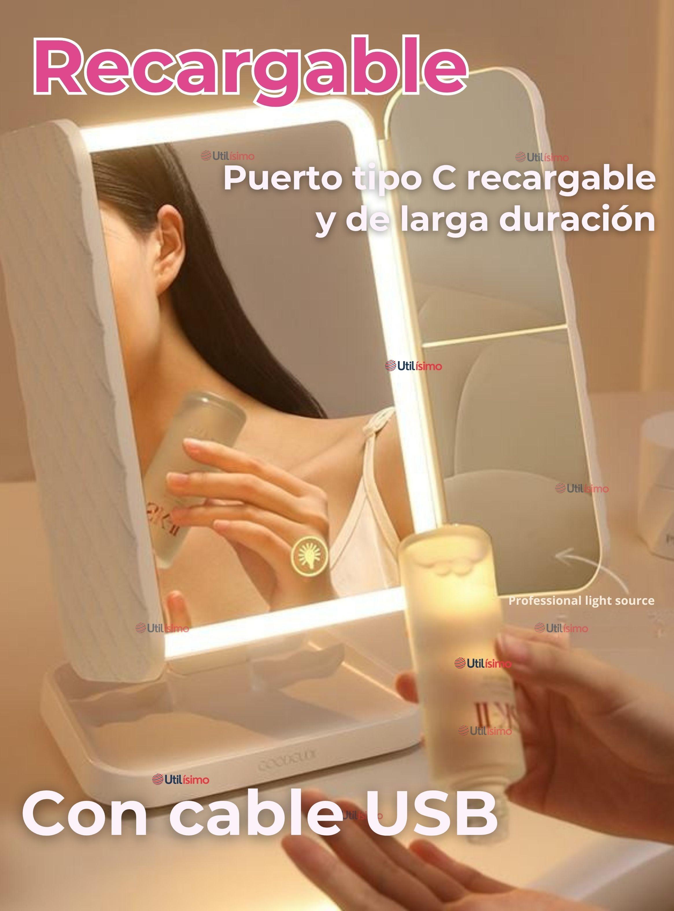 Espejo De Maquillaje Tri Plegable Con Luces LED Recargables-3