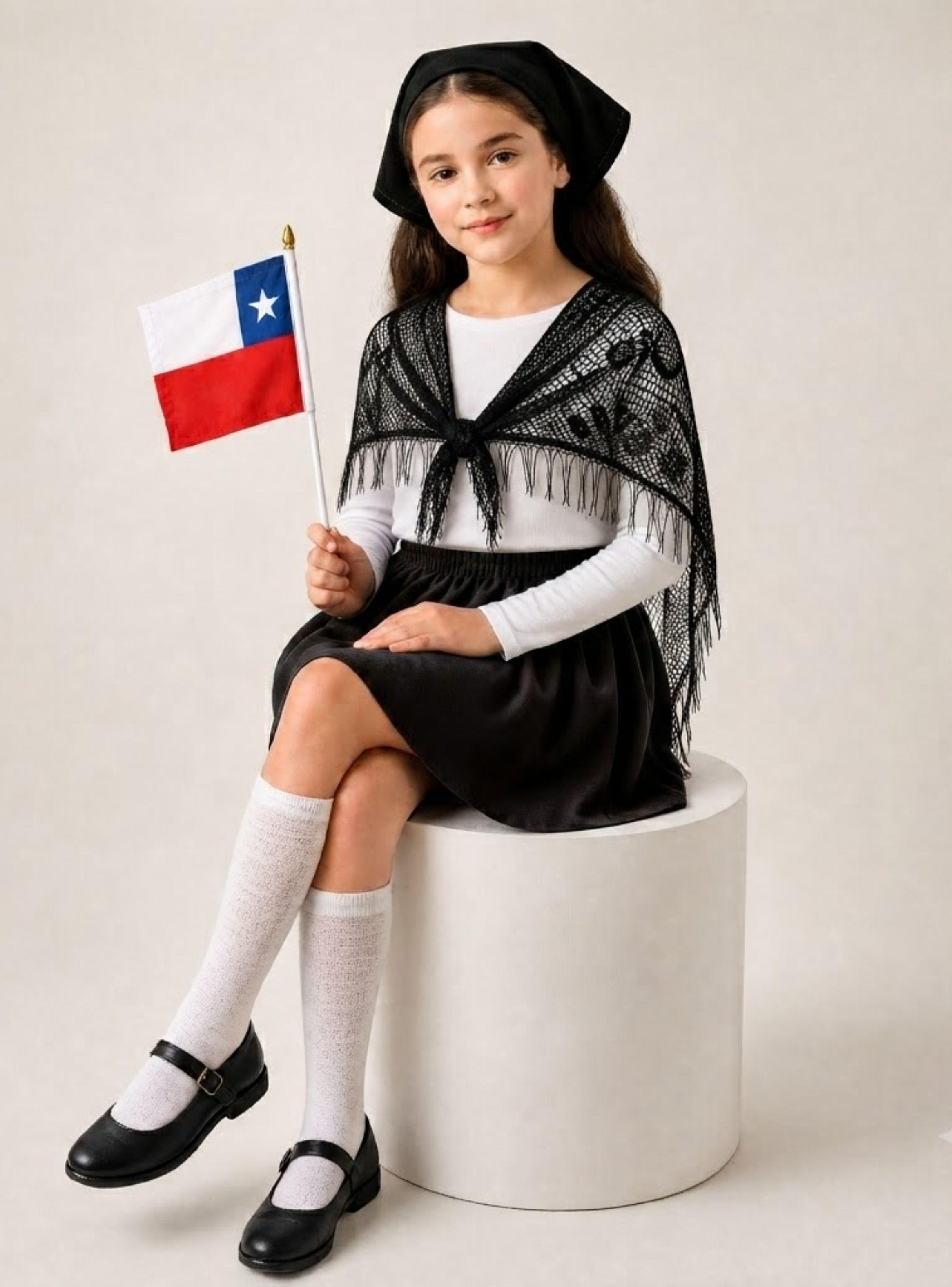 Traje Chilote Niña Negro 4 Piezas Con Polera Bailes Típico Fiestas Patrias-0