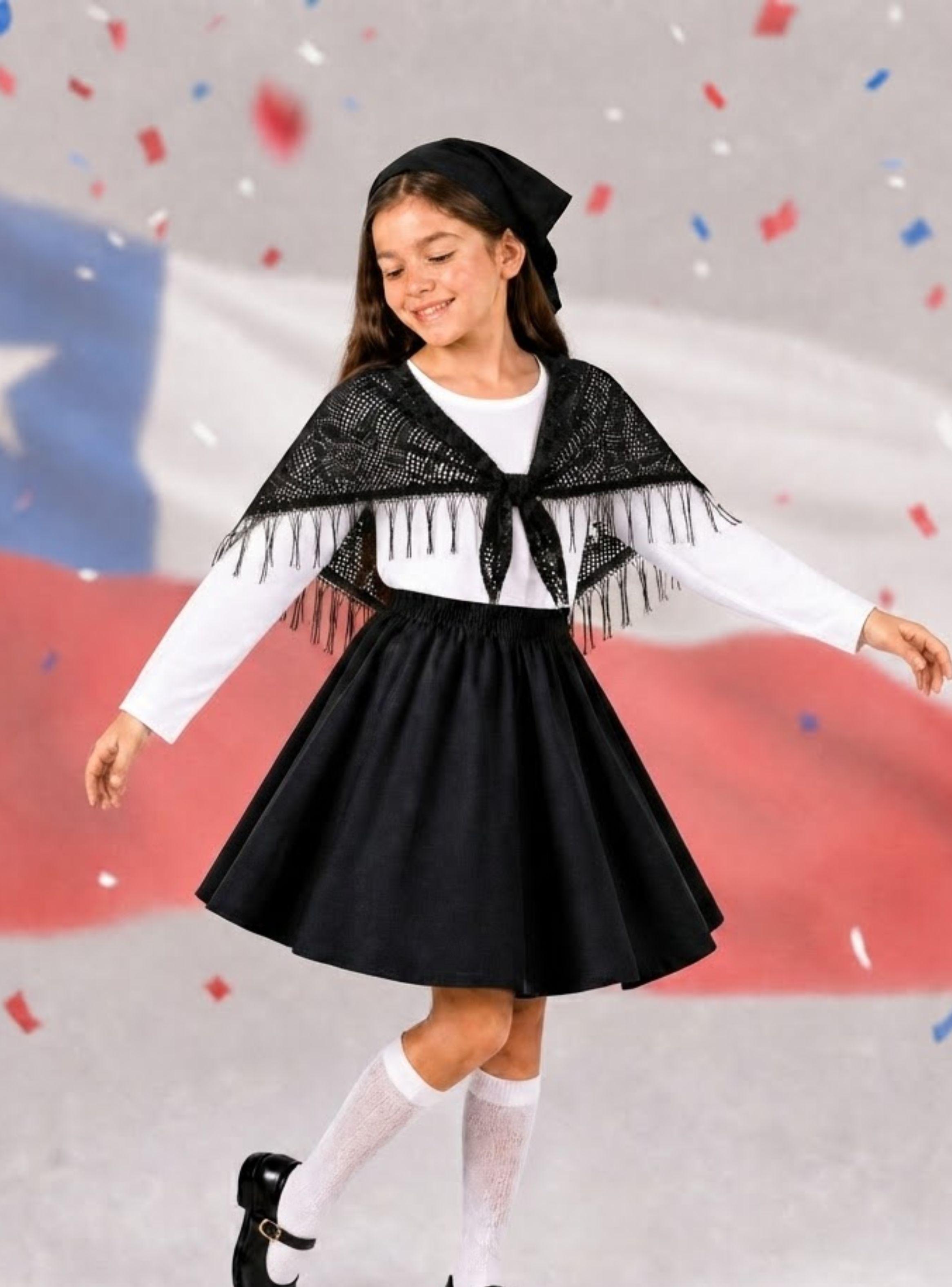 Traje Chilote Niña Negro 4 Piezas Con Polera Bailes Típico Fiestas Patrias-1