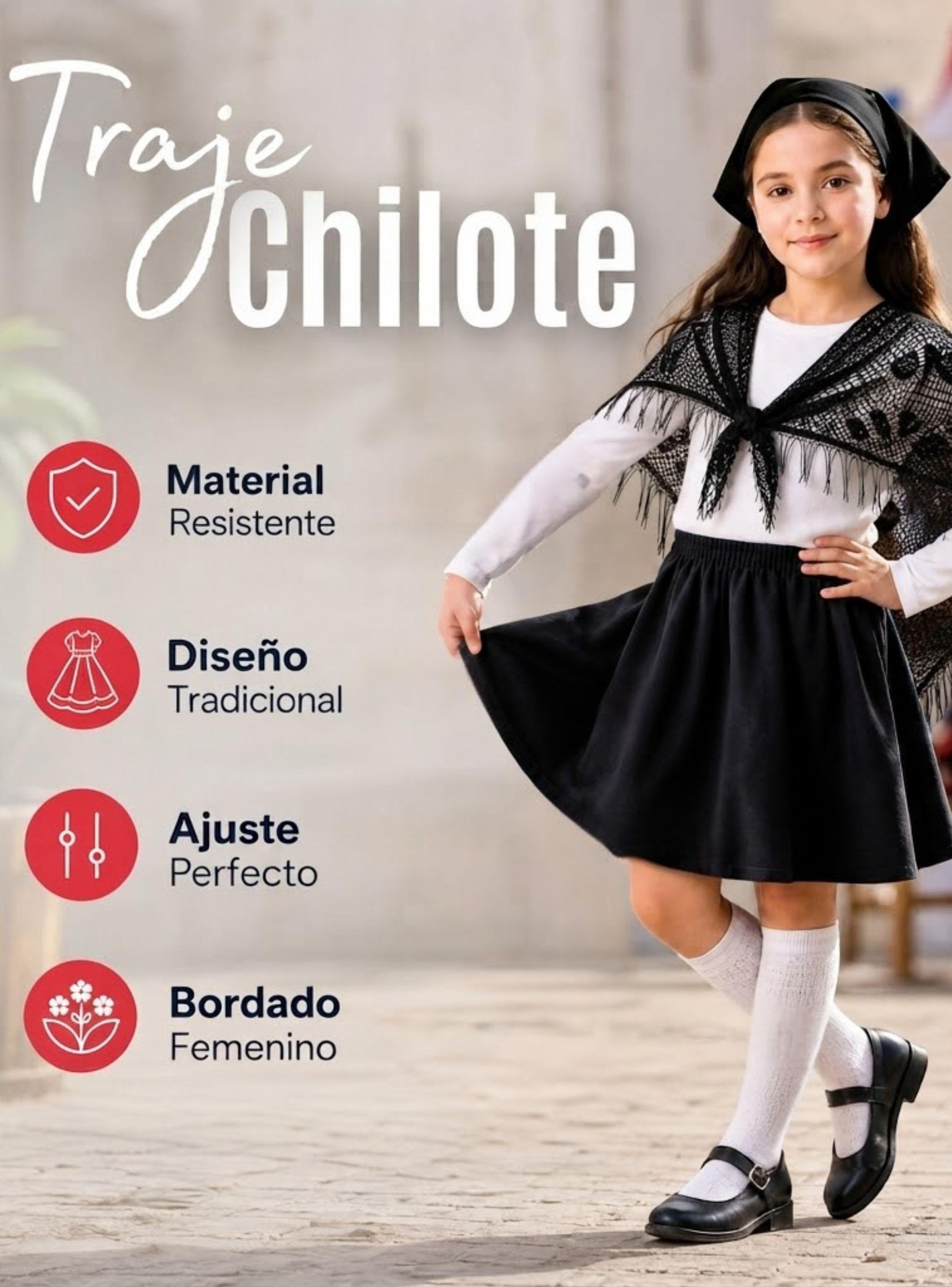 Traje Chilote Niña Negro 4 Piezas Con Polera Bailes Típico Fiestas Patrias-5