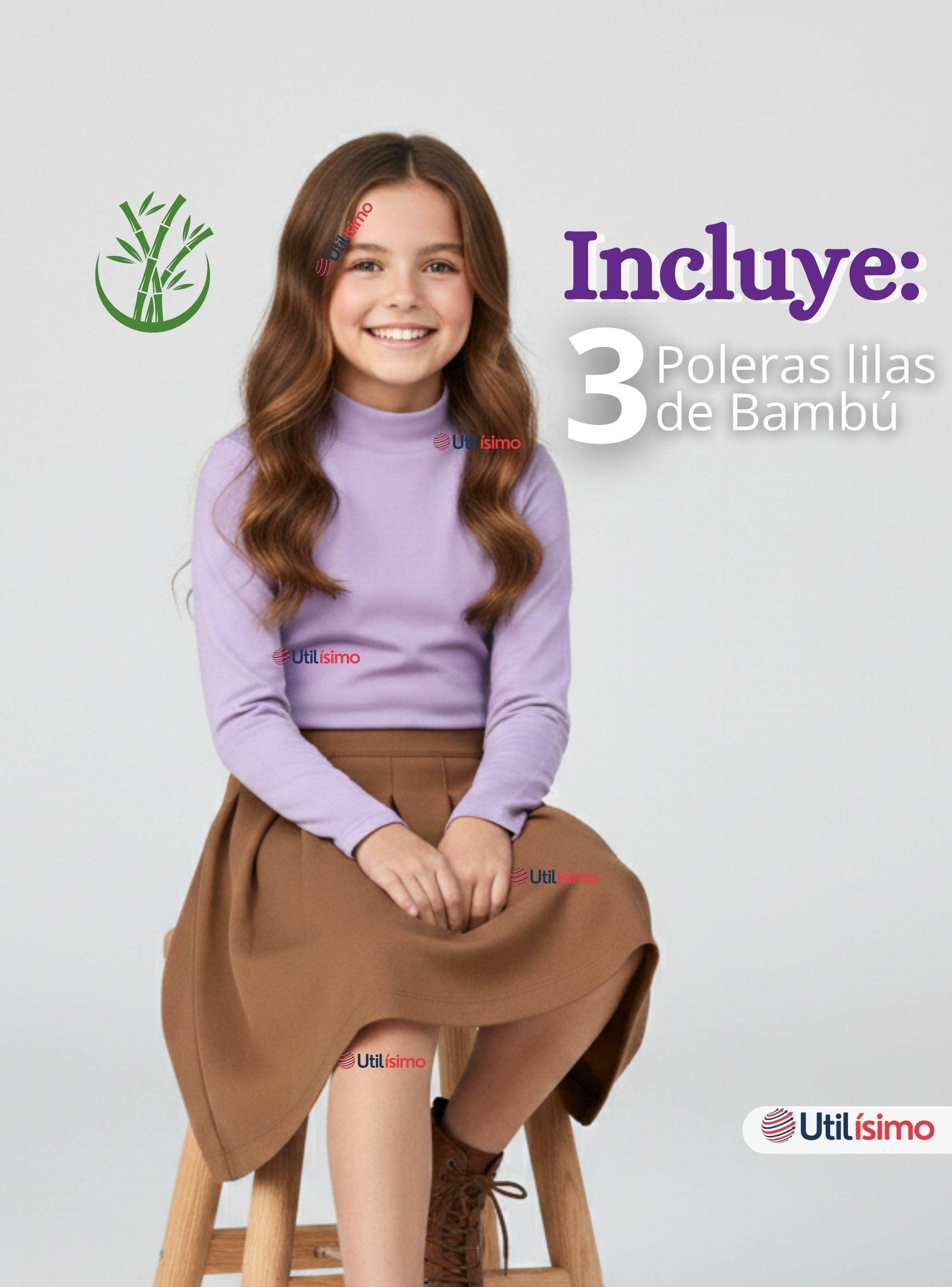 Pack 3 Polera Camiseta Bambú Lila Cuello Beatle Primera Capa Manga Larga Niña-1