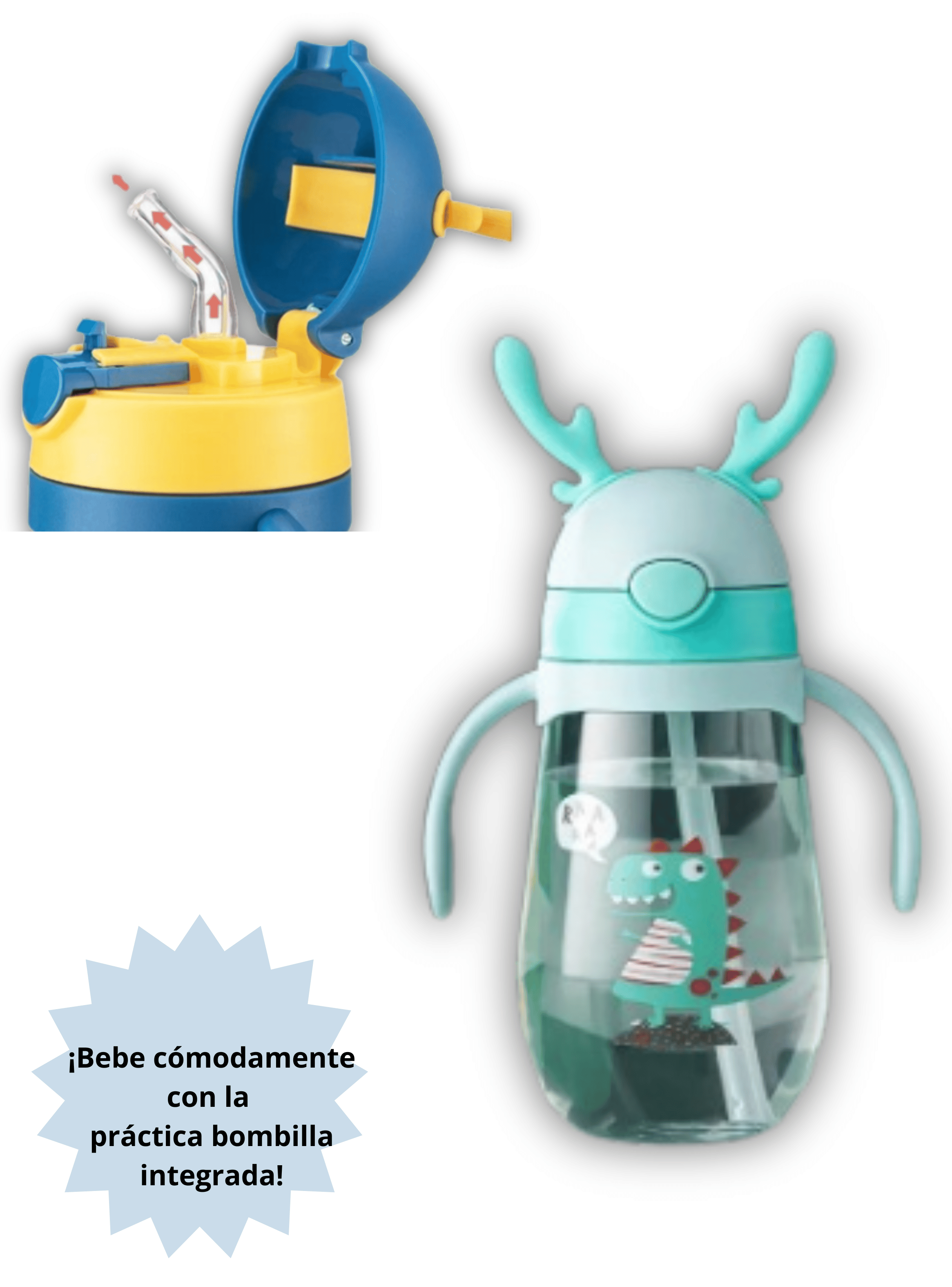 Botella Plástica 480 ML Con Bombilla Y Orejitas Kawai Sin BPA Niños Dinosaur-2