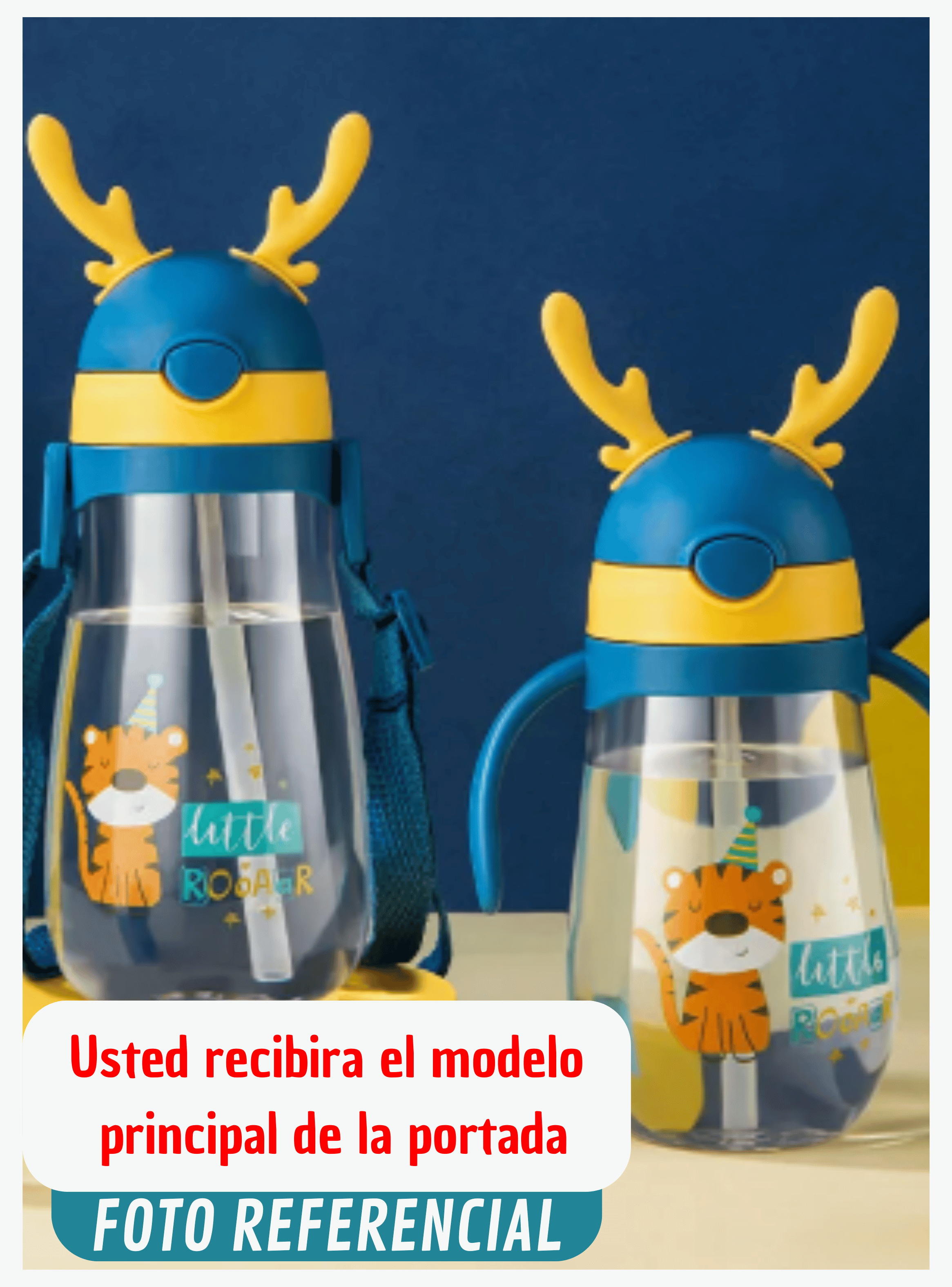 Botella Plástica 480 ML Con Bombilla Y Orejitas Kawai Sin BPA Niños Dinosaur-4