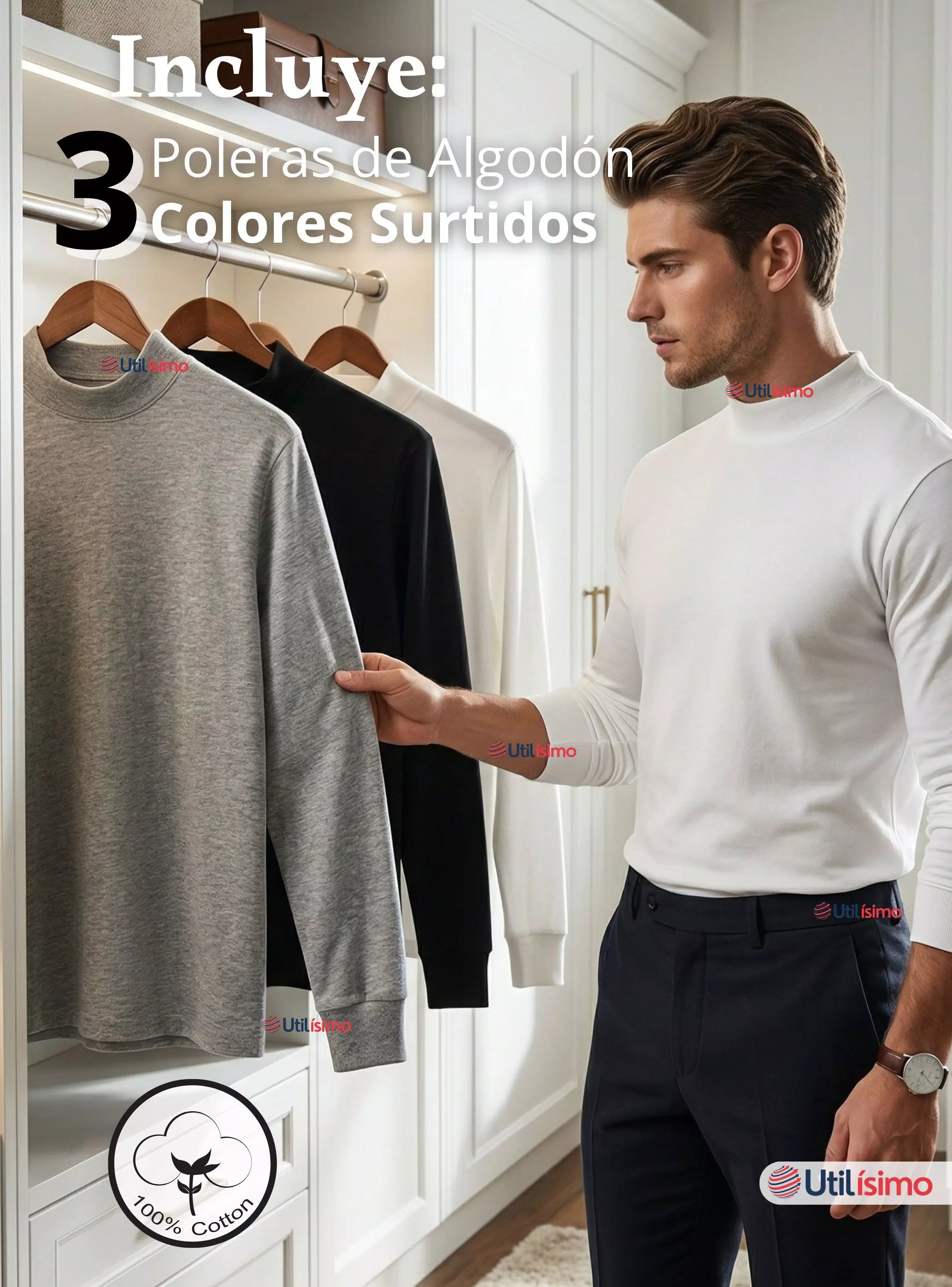 Pack 3 Camisetas Poleras Algodón Primera Capa Cuello Beatle Manga Larga Colores Surtidos Hombre-2