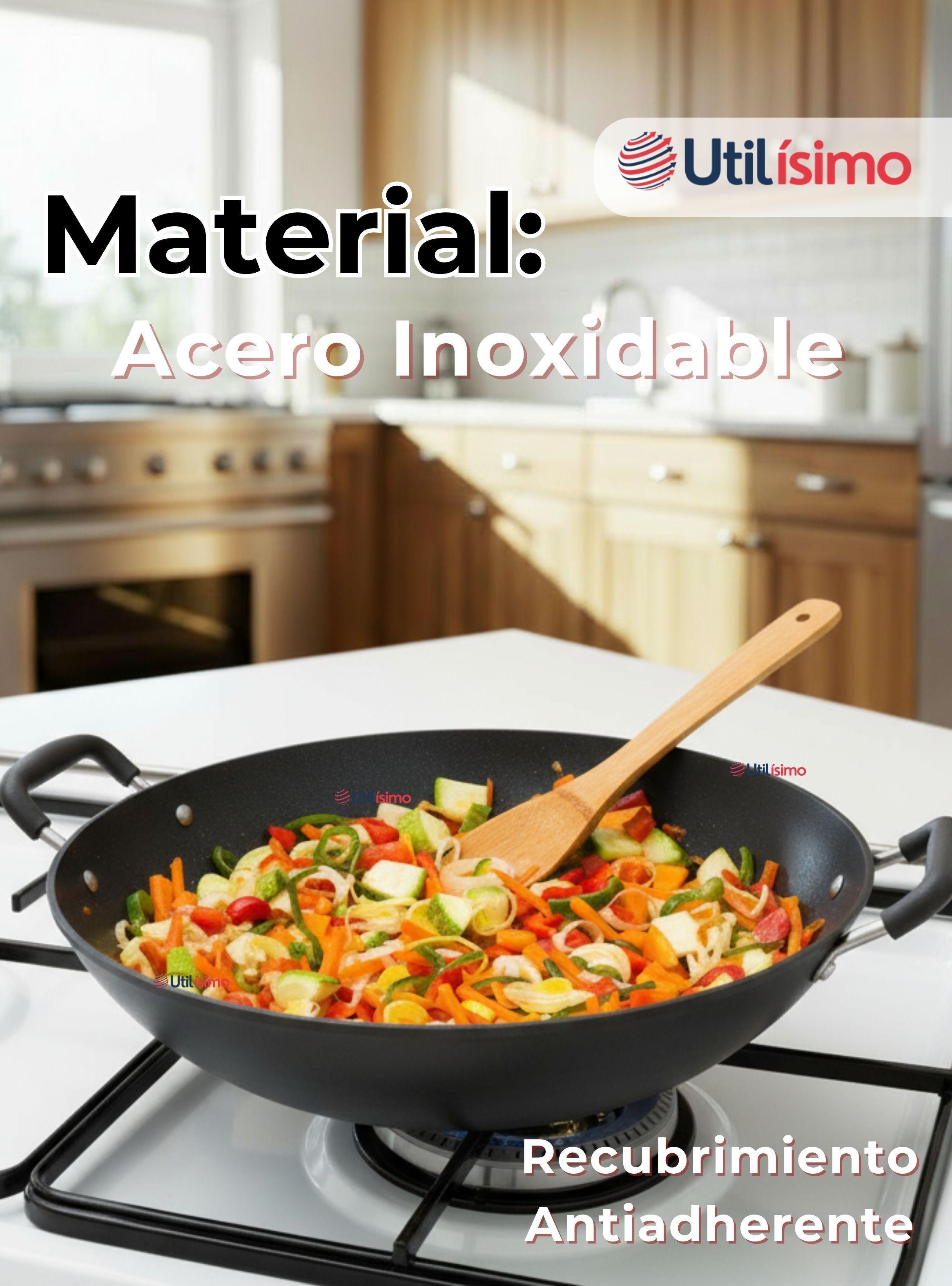 Wok Chino Acero Inoxidable Antiadherente 34cm + Cuchara de Madera de Bambú-2