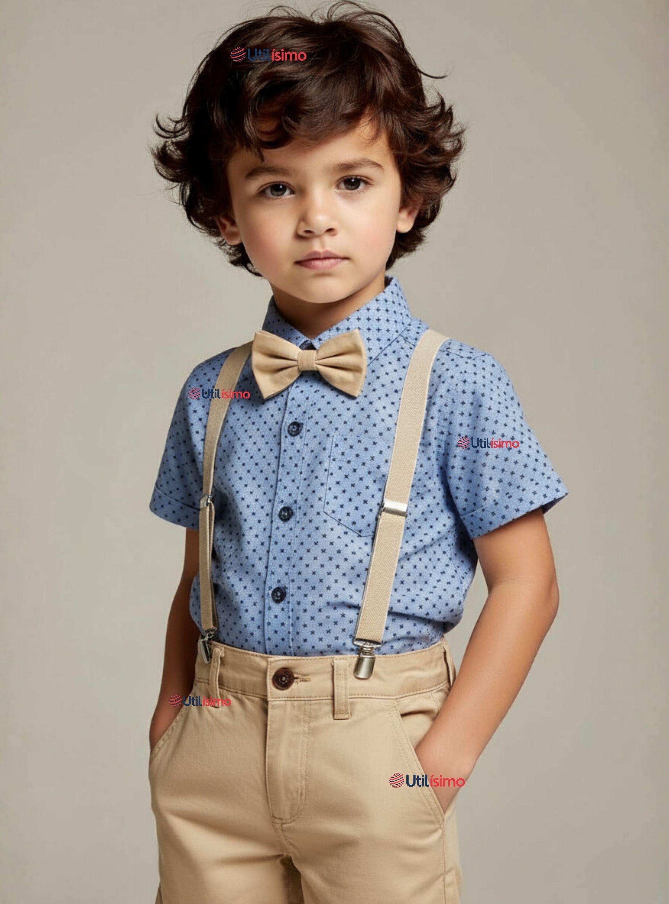 Conjunto de Vestir con Tirantes Camisa Azul Pantalón Corto de Algodón Bebe y Niño-0