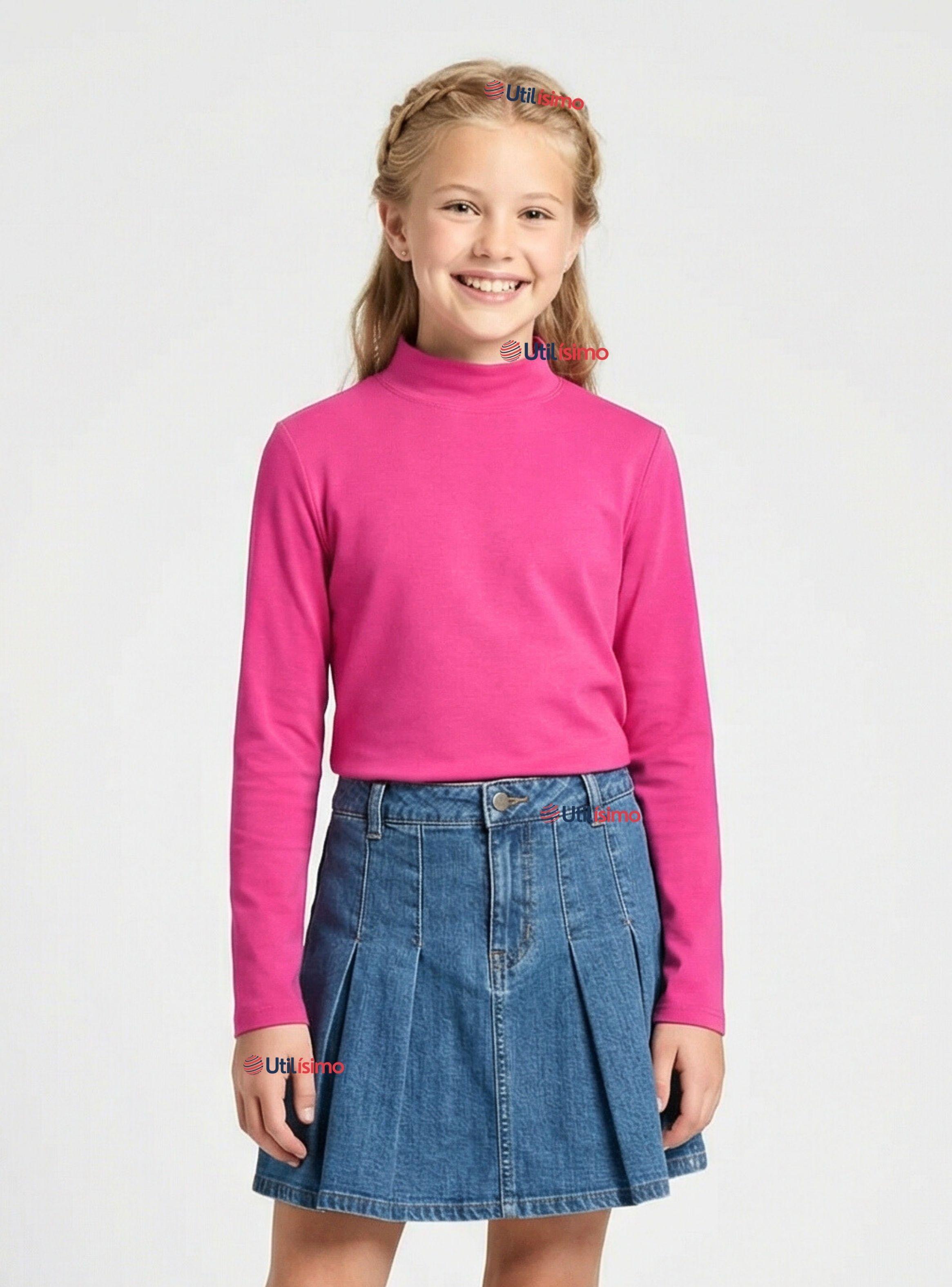 Polera Camiseta Polar Fucsia Primera Capa Cuello Beatle Manga Larga Niñas-0
