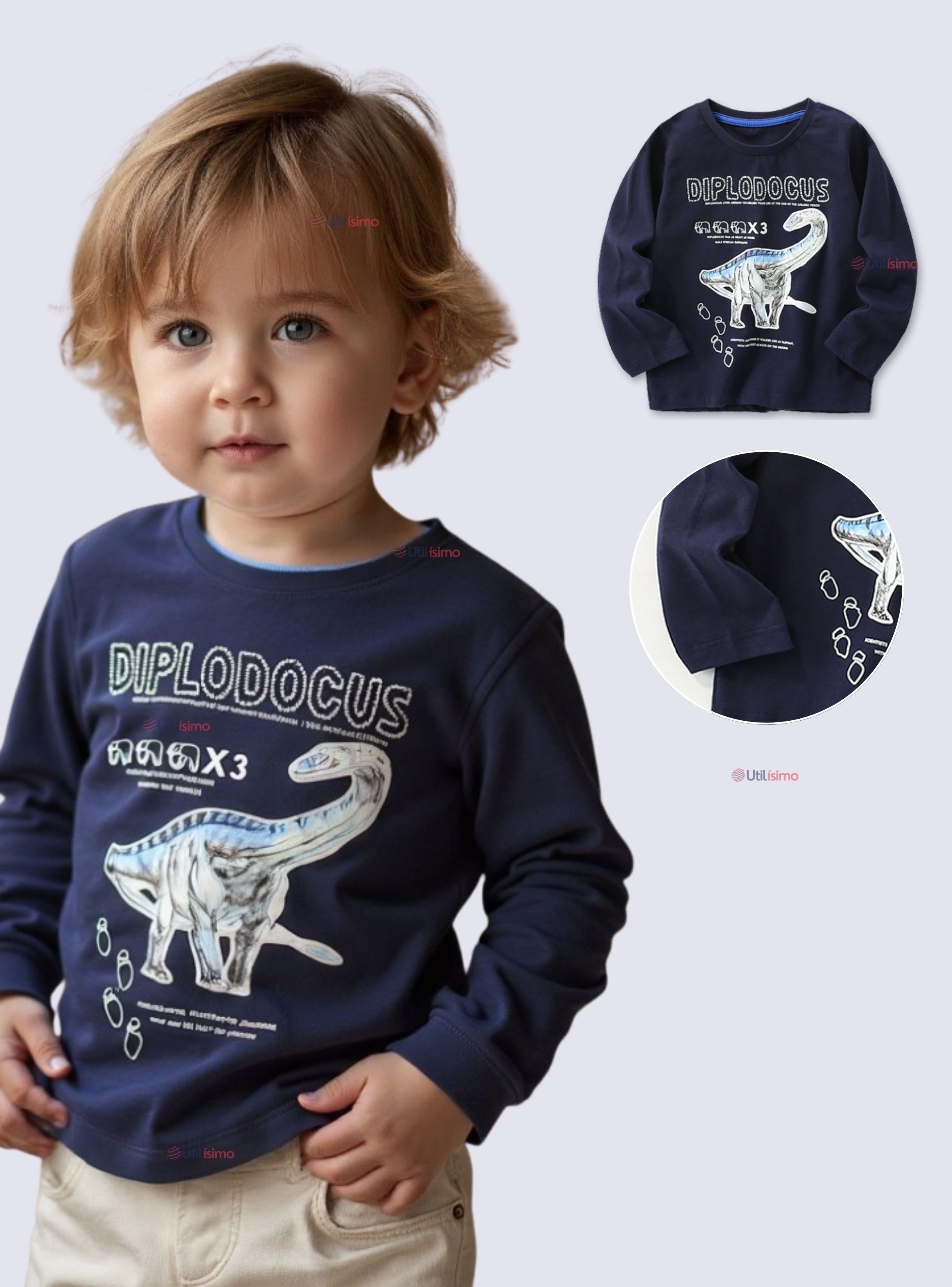 Polera Algodón Manga Larga Niño Camiseta Dinosaurio Azul-0