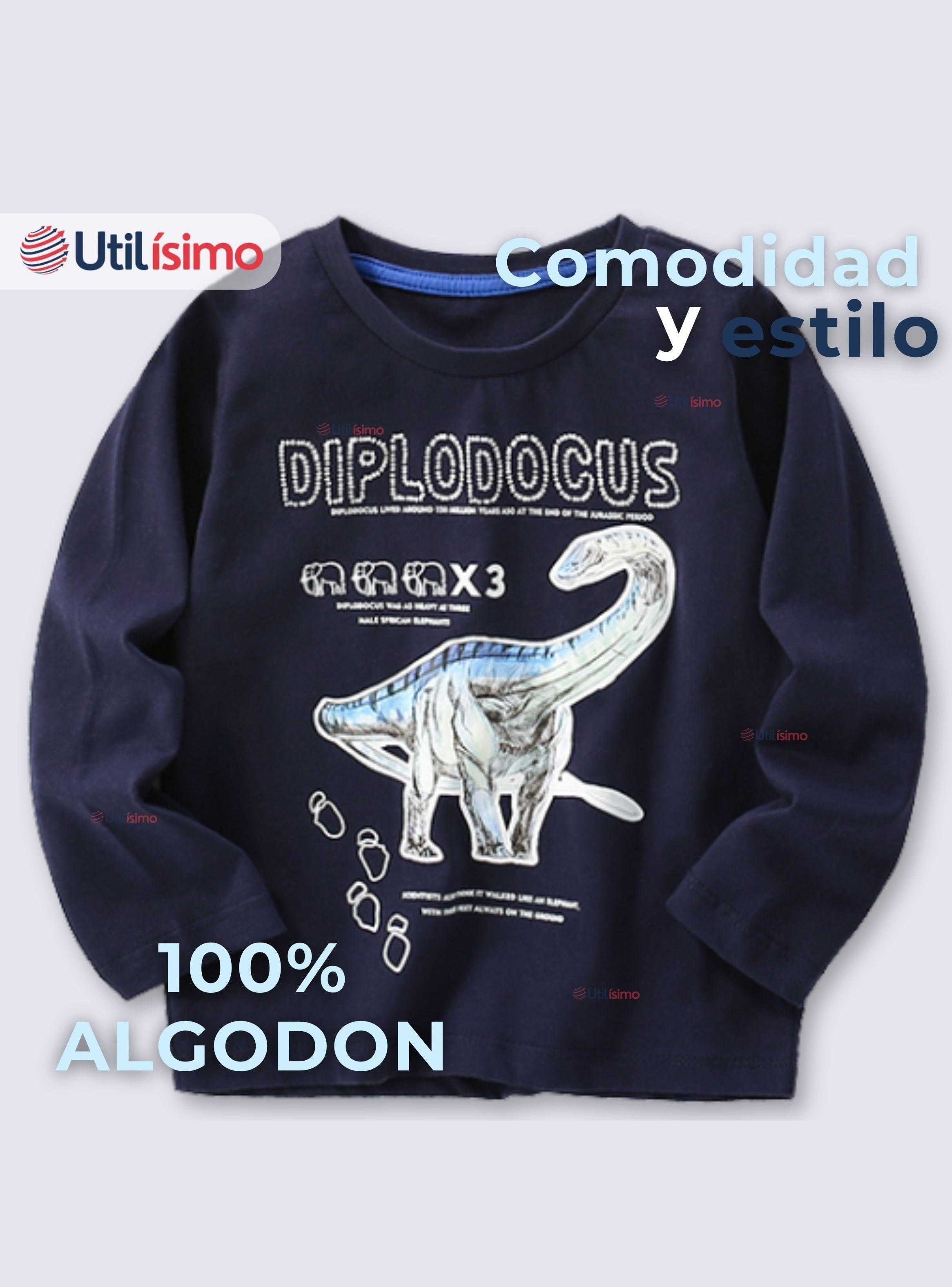Polera Algodón Manga Larga Niño Camiseta Dinosaurio Azul-1