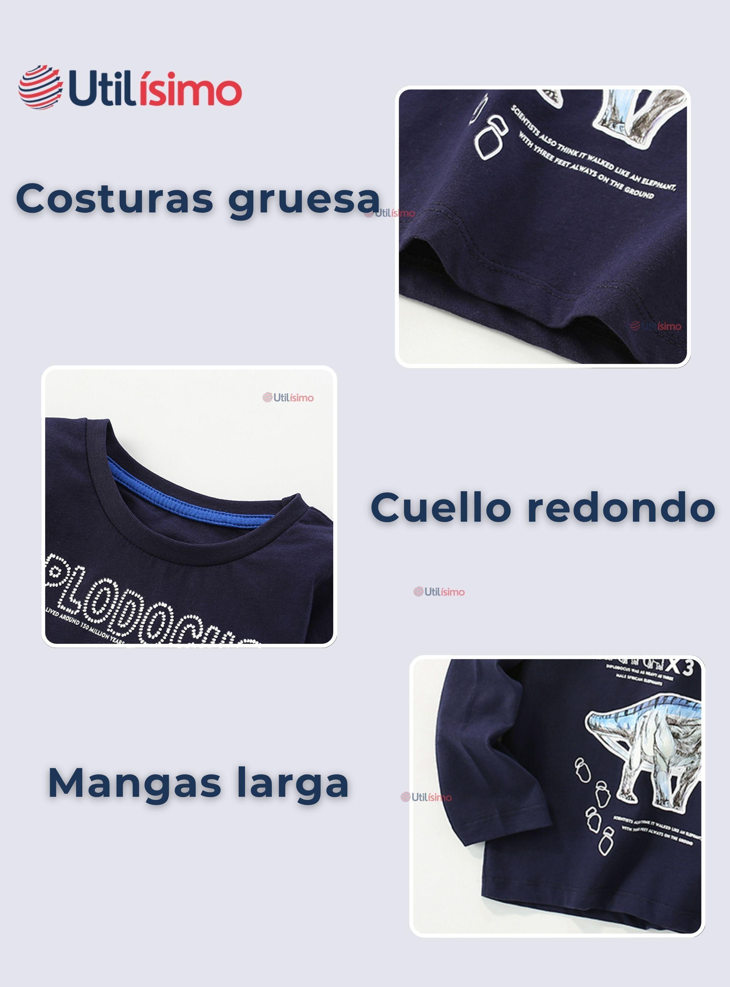 Polera Algodón Manga Larga Niño Camiseta Dinosaurio Azul-4