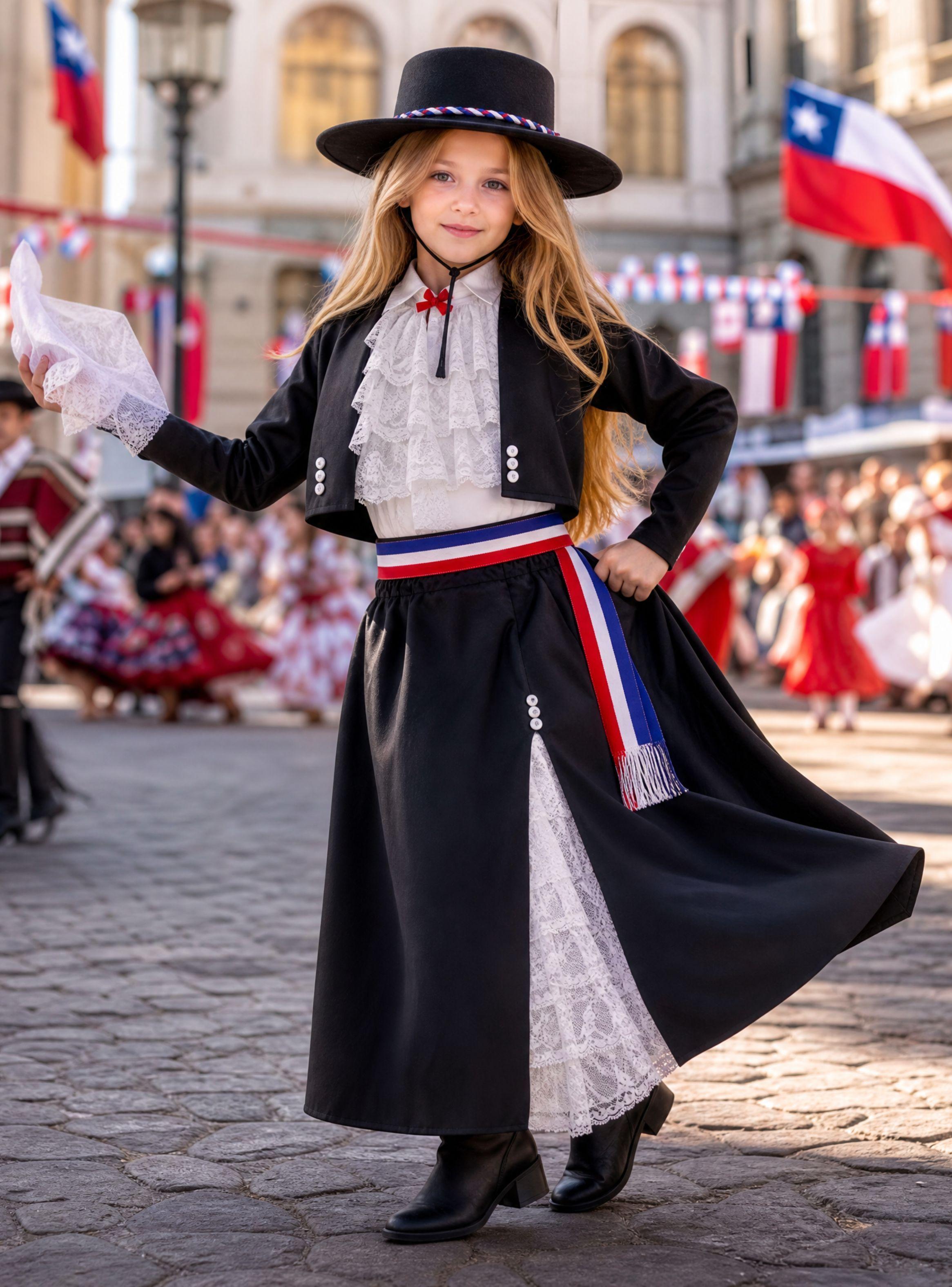 Traje Huasa  Negro Elegante NIña Conjunto 7 Piezas Tipico Fiestas Patrias-0