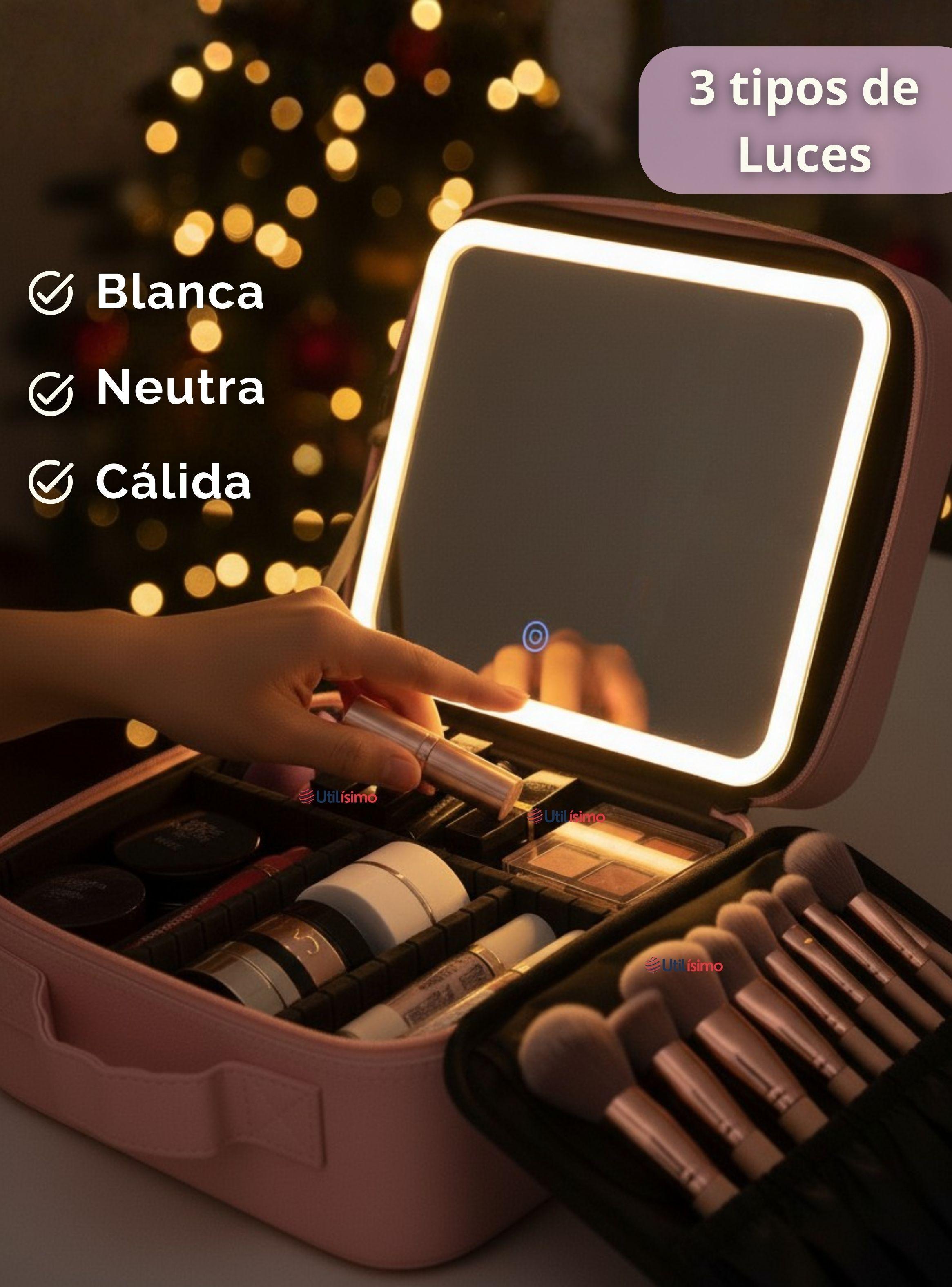 Estuche Maquillaje 2 en 1 Bolso Cosmetiquero Espejo Con Luz Led Organizador rosado -4