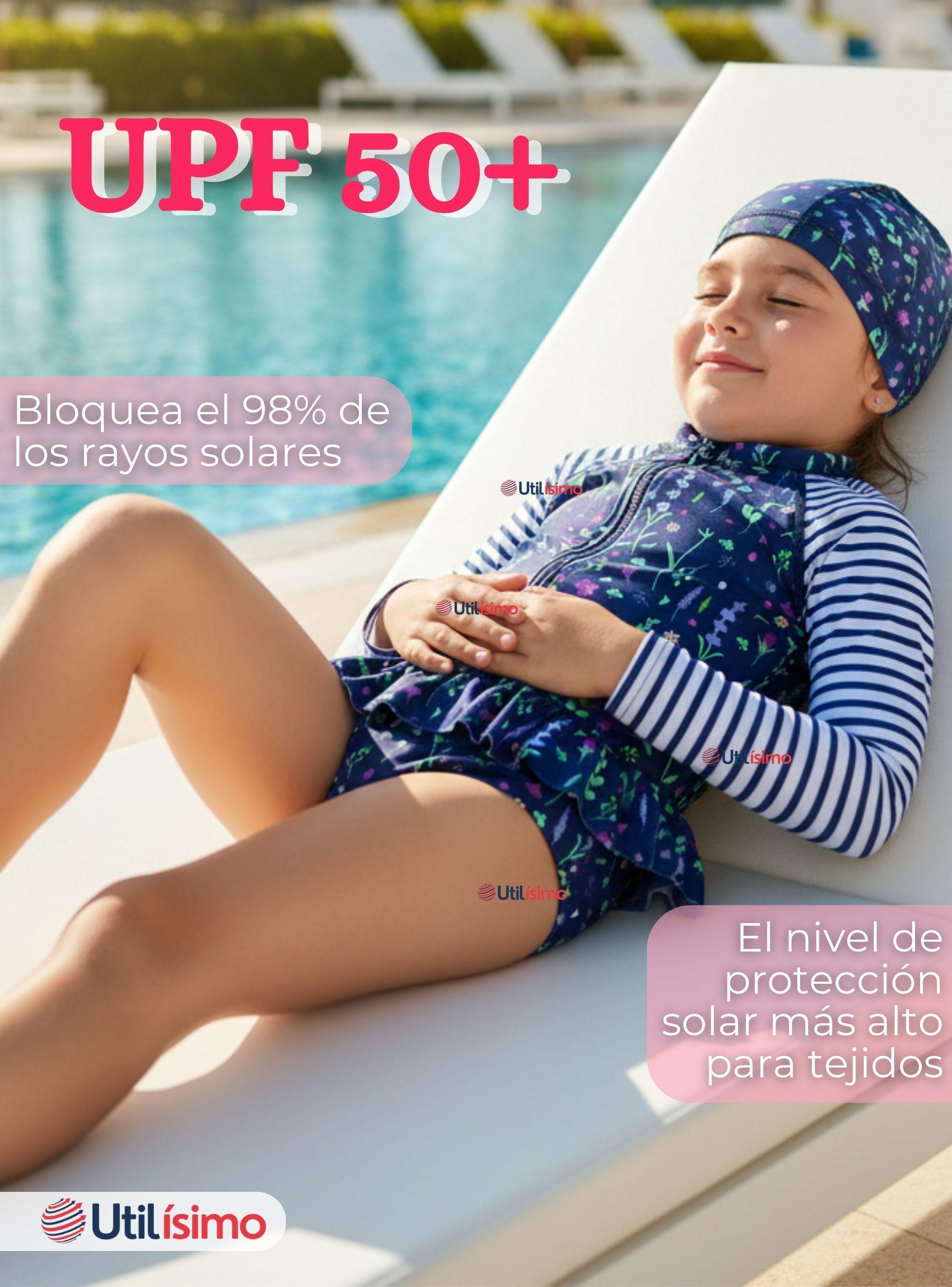 Traje de Baño Enterito Cremallera Manga Larga Con Gorro Niña 1 a 8 años Blue Flowers-4