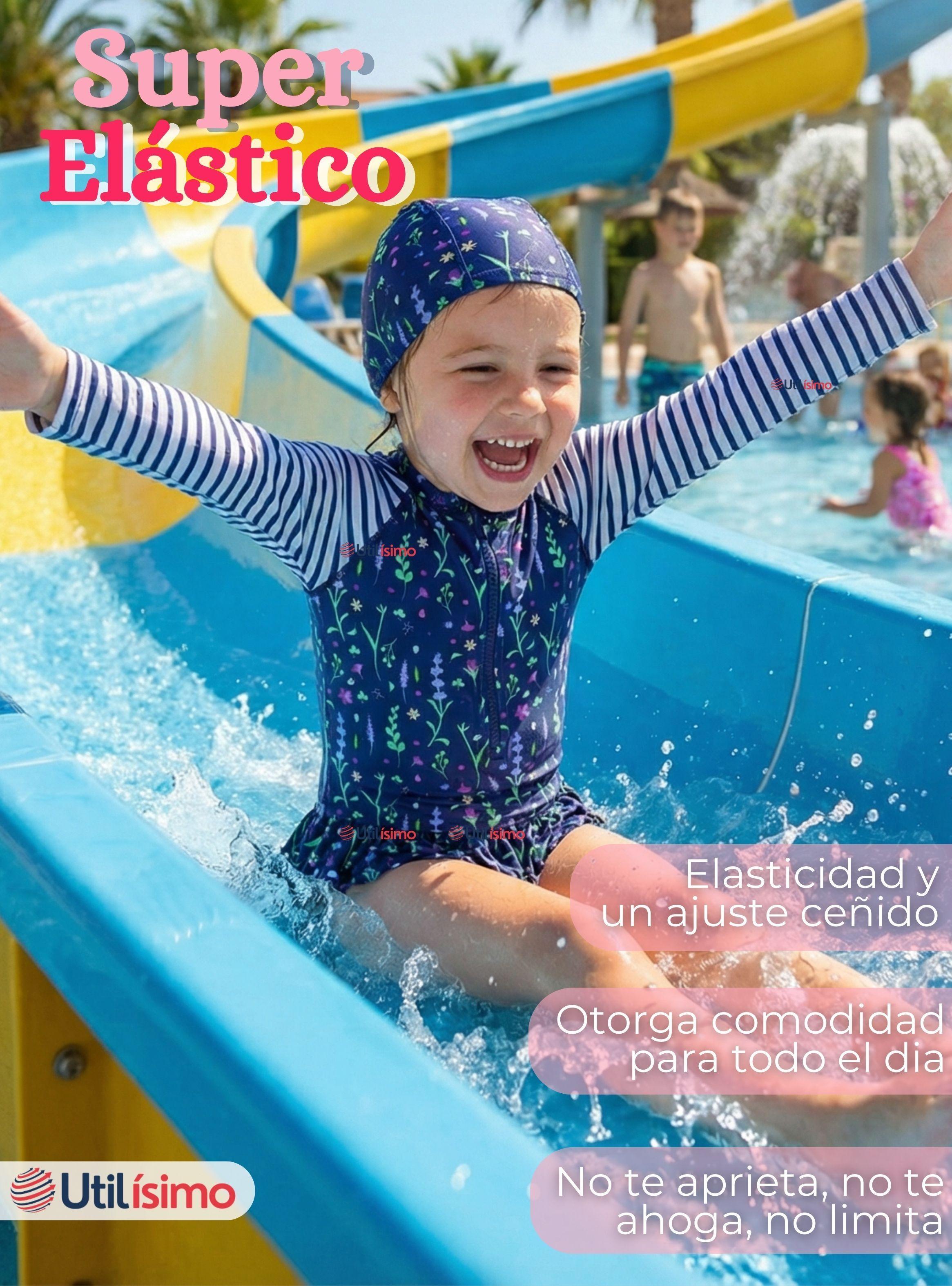 Traje de Baño Enterito Cremallera Manga Larga Con Gorro Niña 1 a 8 años Blue Flowers-5