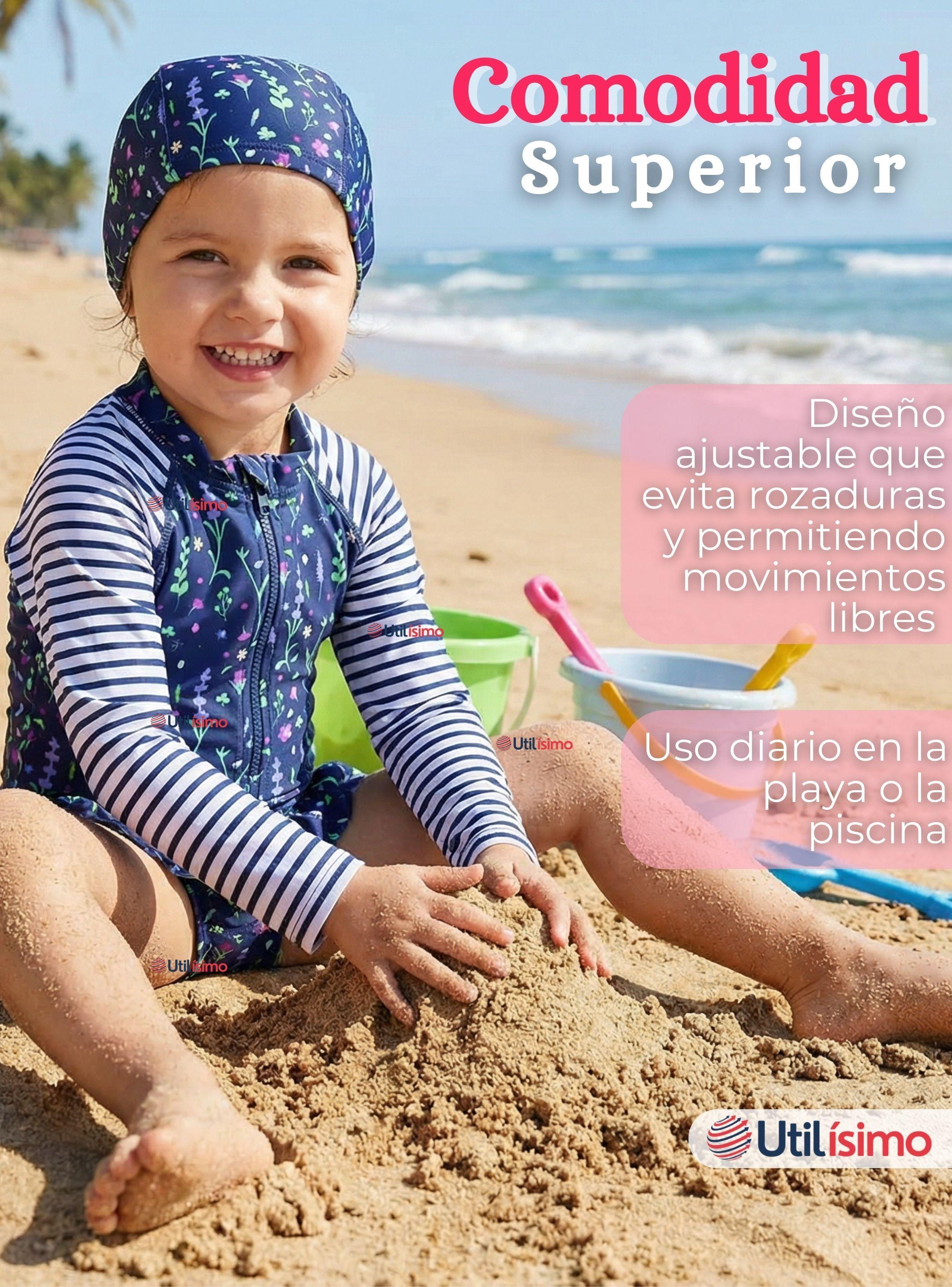 Traje de Baño Enterito Cremallera Manga Larga Con Gorro Niña 1 a 8 años Blue Flowers-6