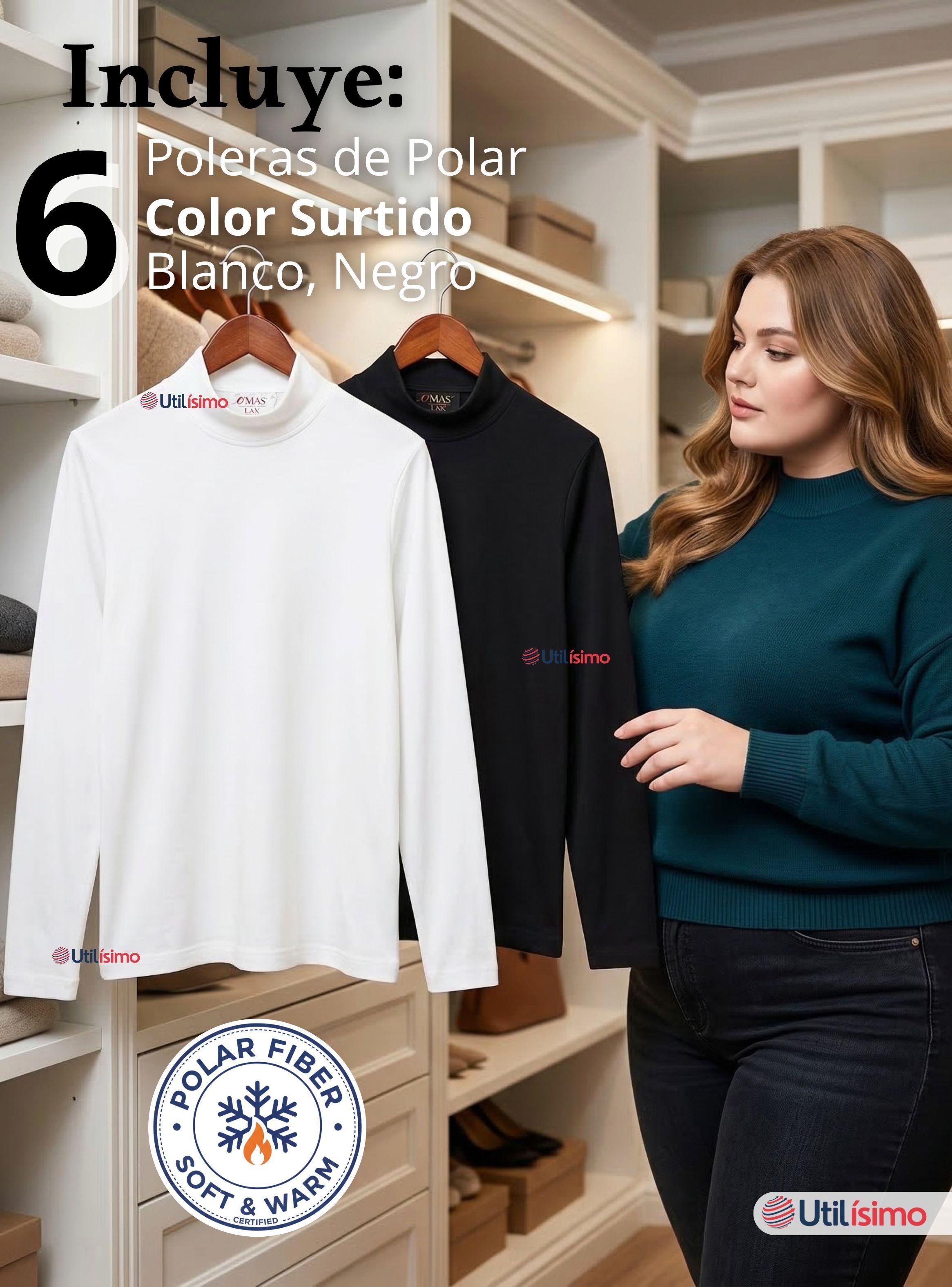 Pack 6 Camisetas Poleras Polar Primera Capa Cuello Beatle Mangas Larga Mujer Blanco Negro -2