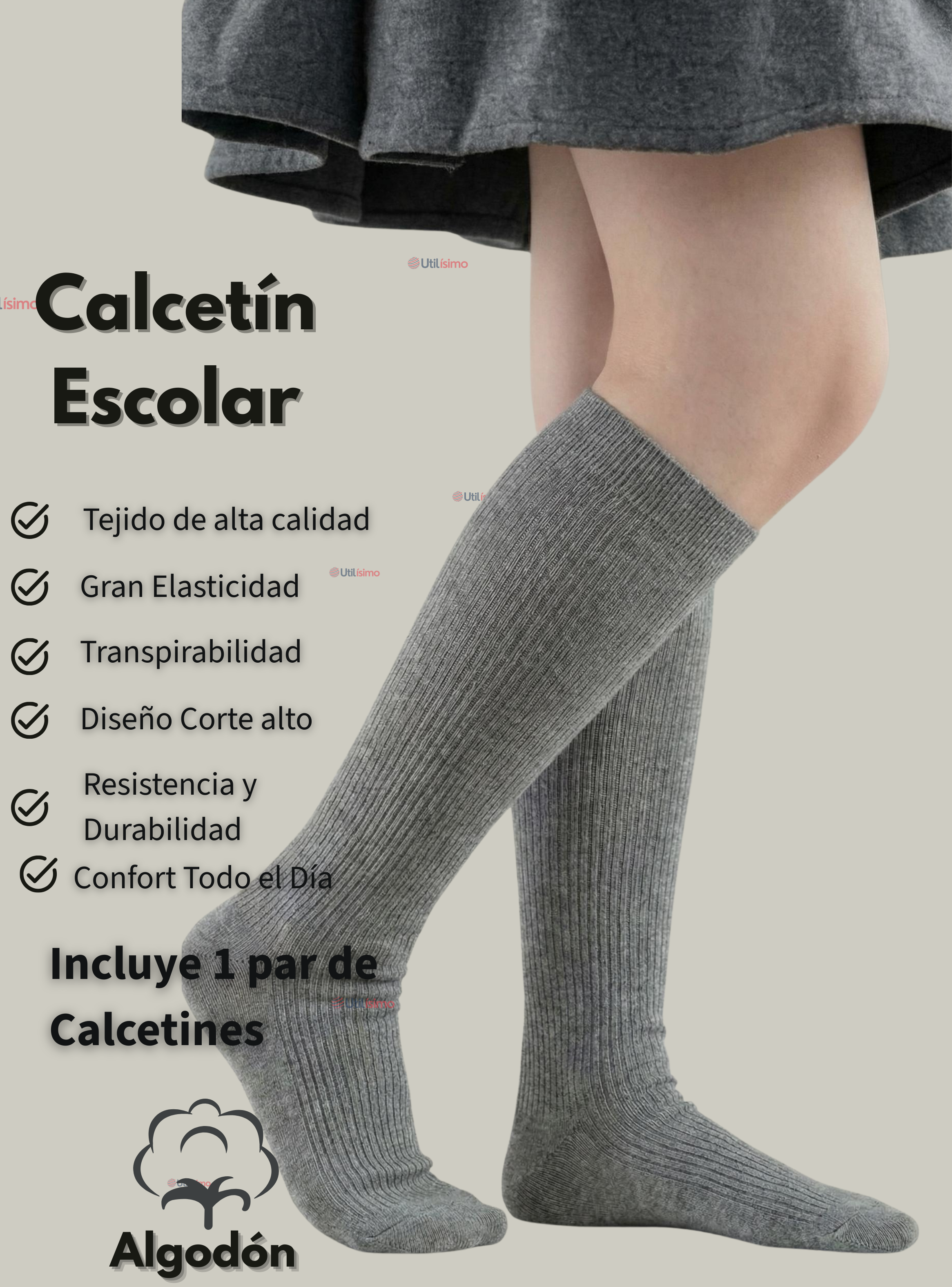 Calcetín Escolar Largo Algodón Gris Niñas-2