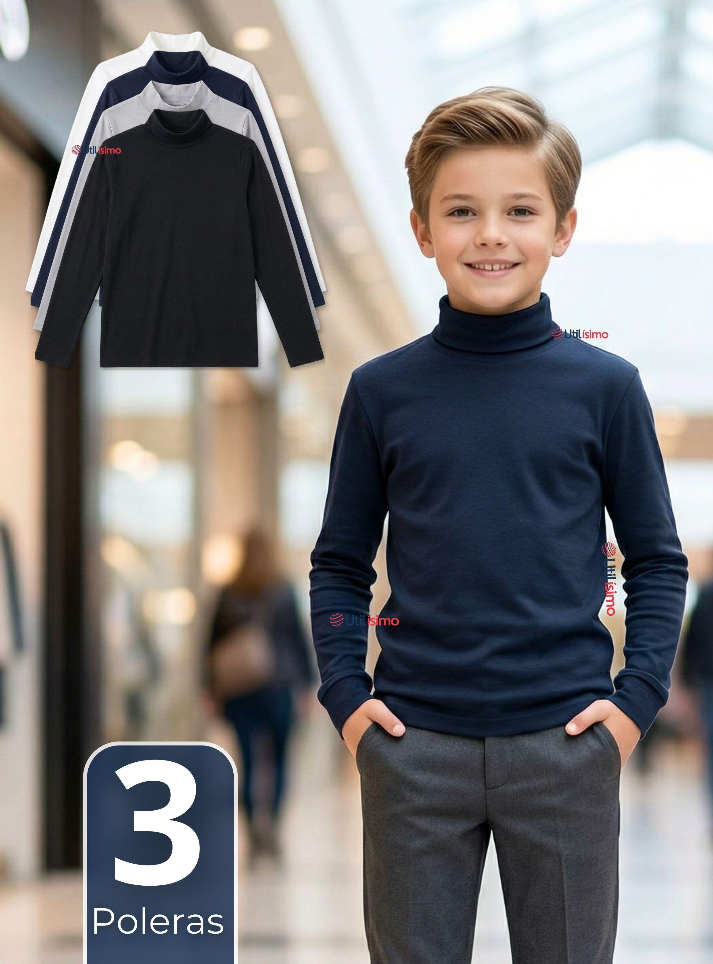 Pack 3 Poleras Camisetas Polar Primera Capa Beatle Manga Larga Colores Surtido Niño-0