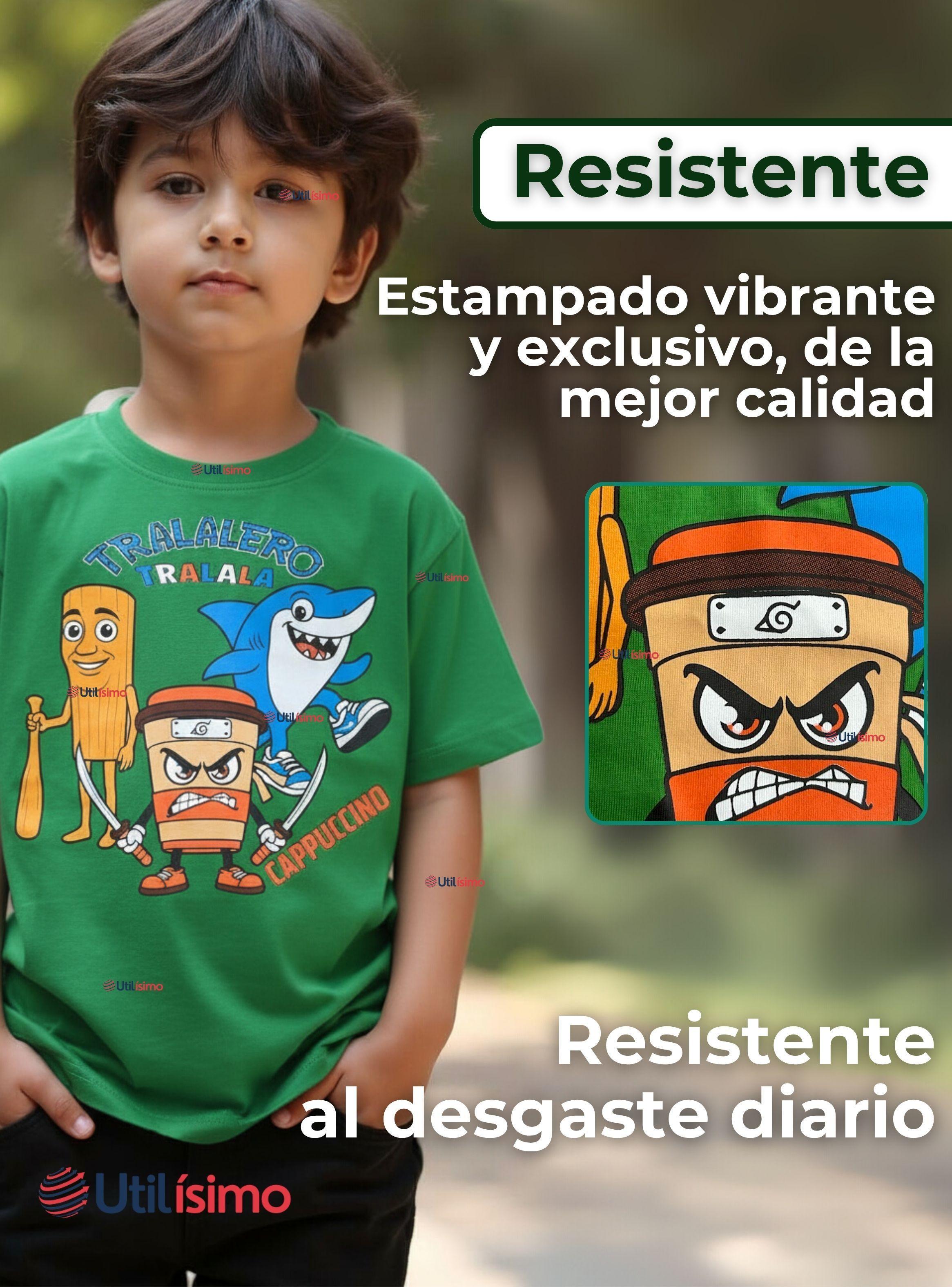 Polera Brainrots 100% Algodón Manga Corta Niños Tralalero Verde-3