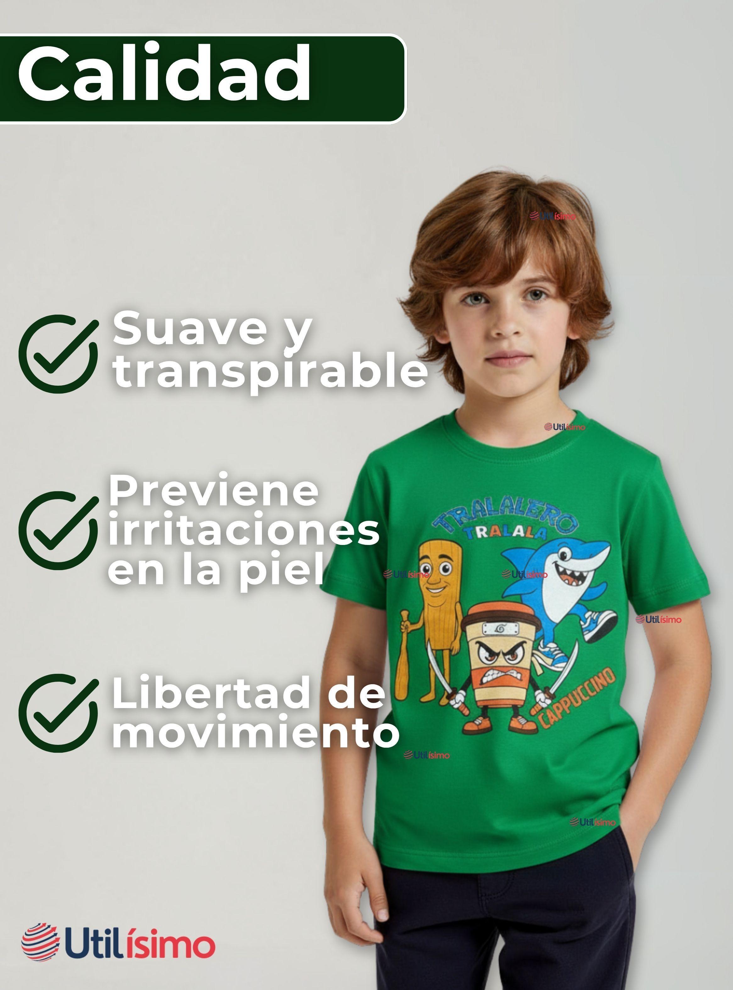 Polera Brainrots 100% Algodón Manga Corta Niños Tralalero Verde-4