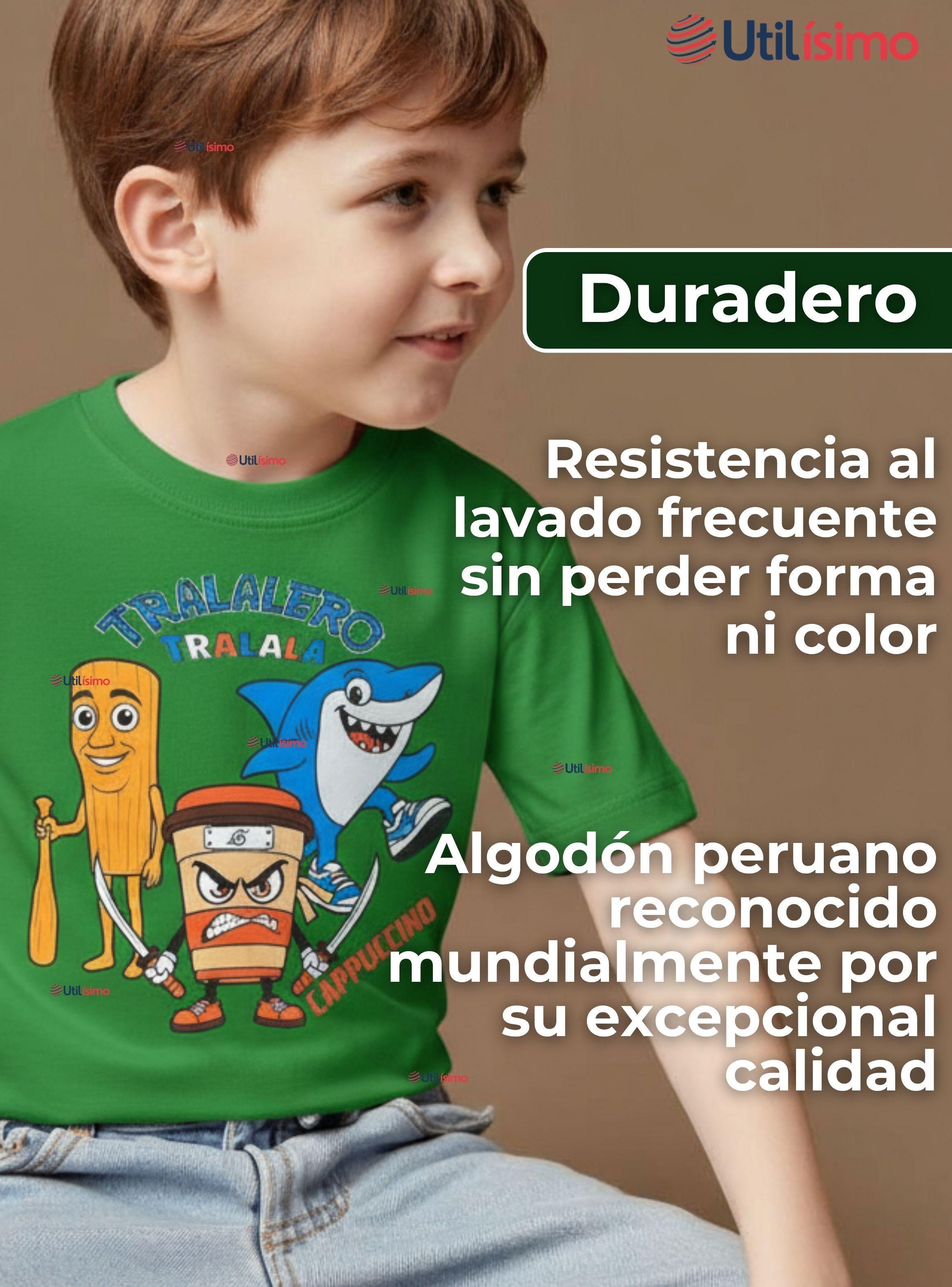 Polera Brainrots 100% Algodón Manga Corta Niños Tralalero Verde-6