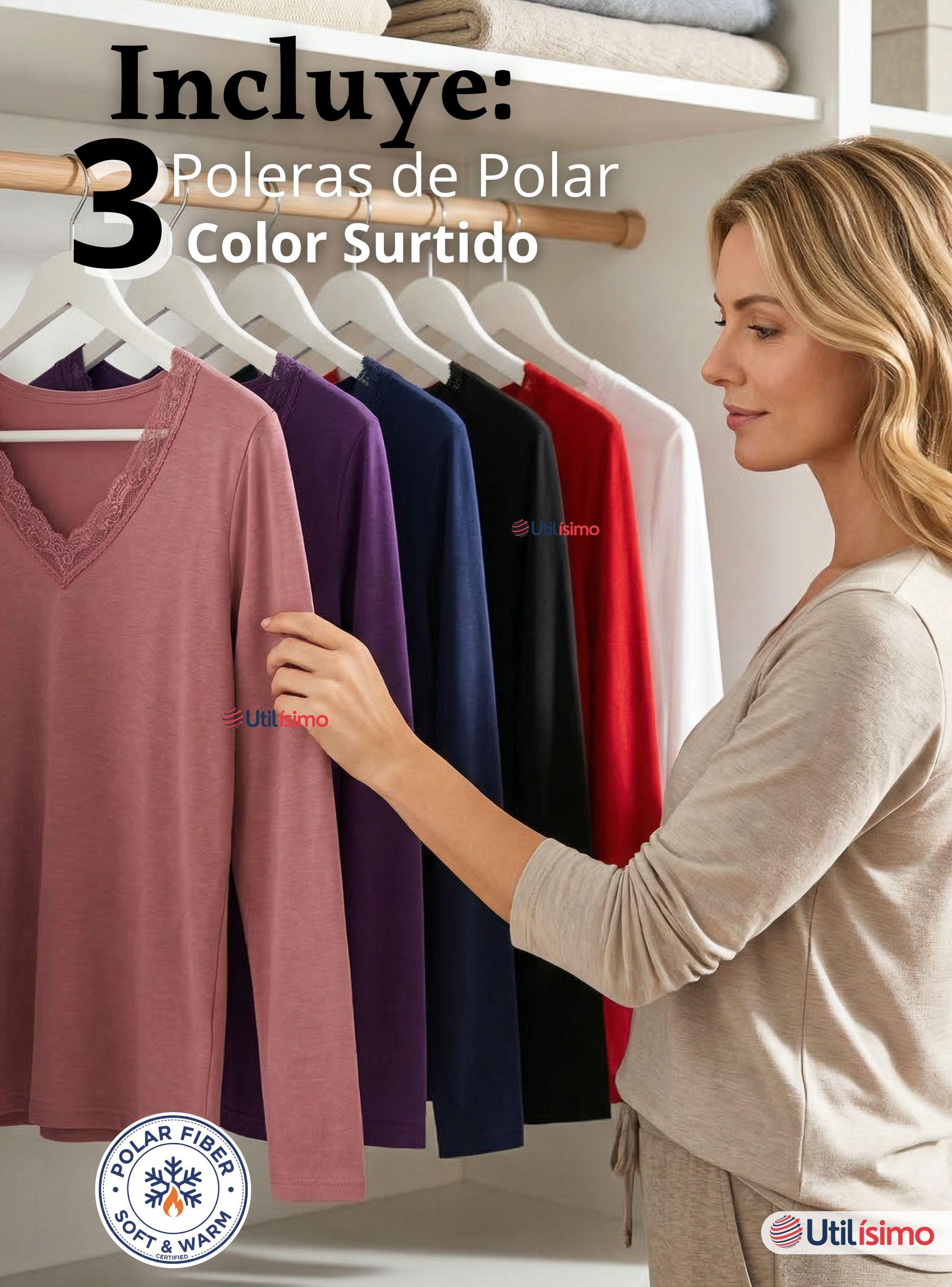 Pack 3 Camiseta Polera Polar Cuello V Manga Larga Con Encaje Color Surtido Mujer-2