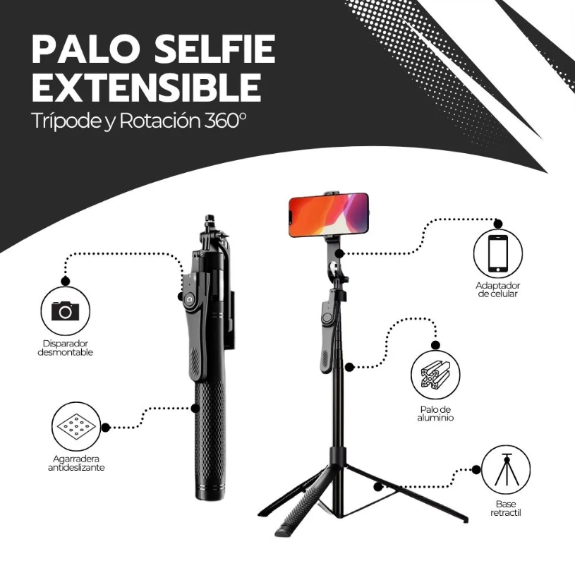 Tripode Palo Selfie Extensible 1.7m Y Control Bluetooth Negro-9