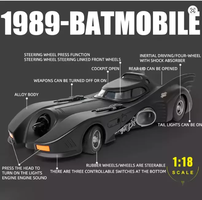 Batimovil 1989 Escala 1/24, Aleación, Luz Y Sonido Negro-5