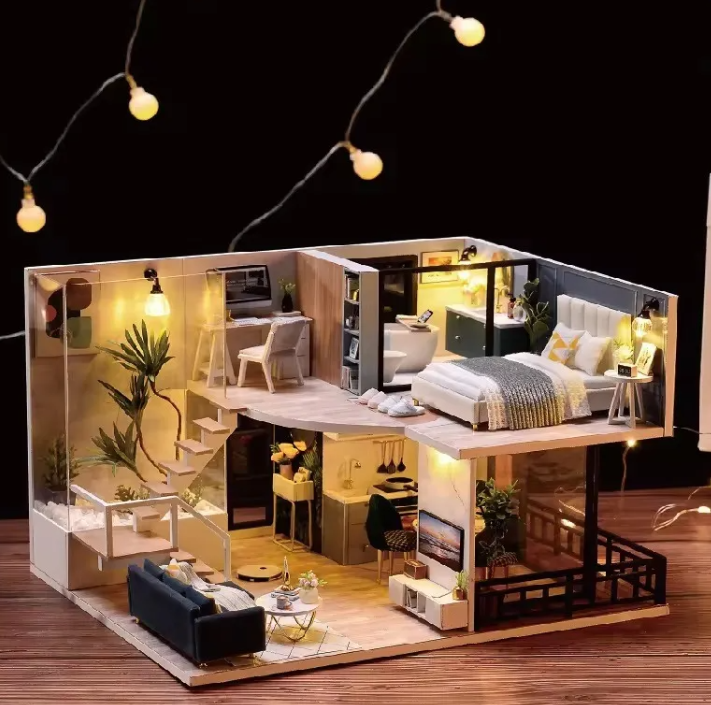 Casa Muñeca Miniatura Armable,madera/3d/muebles/música/luces Beige -5
