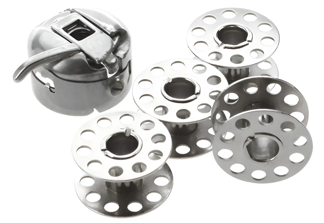 1 Caja De Bobina Y 4 Carretes De Metal De Máquina De Coser Gris-3