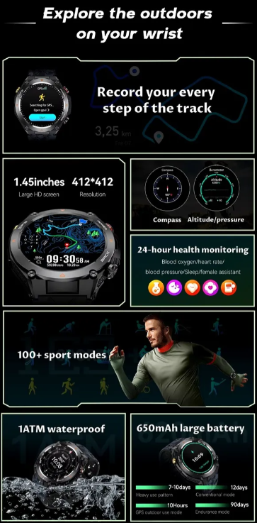 Smartwatch/inteligente Ultra Hd, Gps, Brújula, Altitud, Etcj Azul Oscuro Silice Negro Negro-5