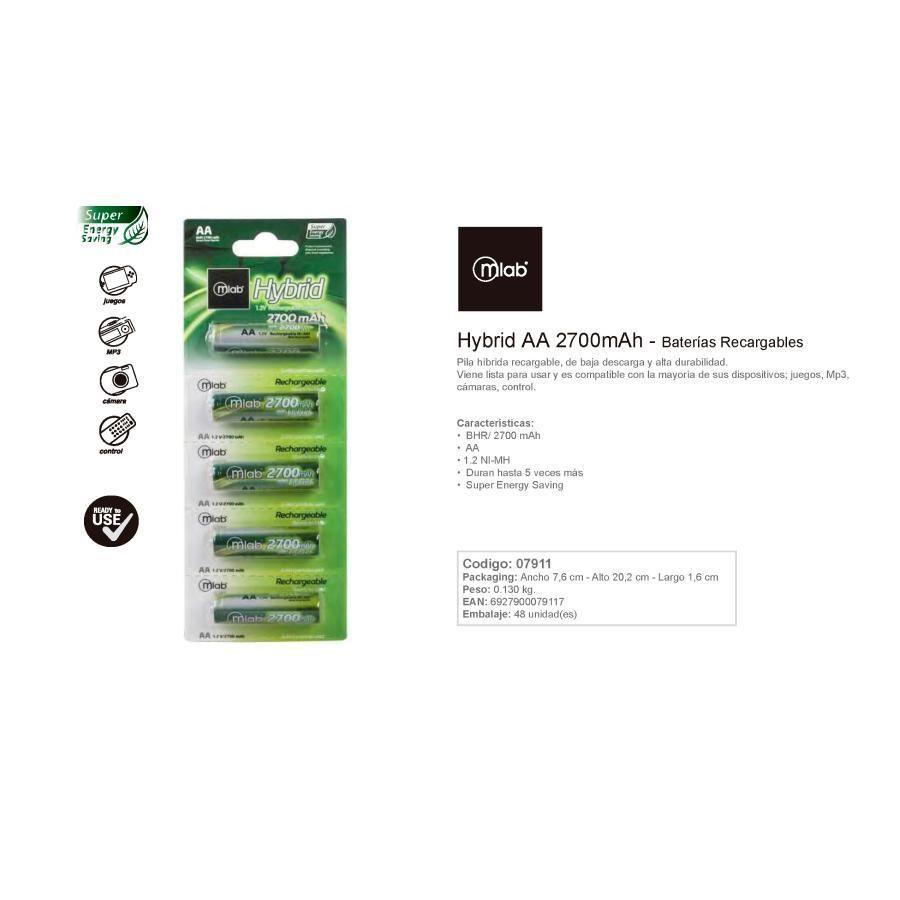 Pilas AA Recargables Pack 5 Mlab 7911 Hibrid Rec 2.700mah-1