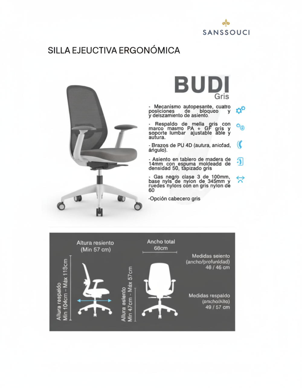 Silla escritorio Home Office Budi Gris-5