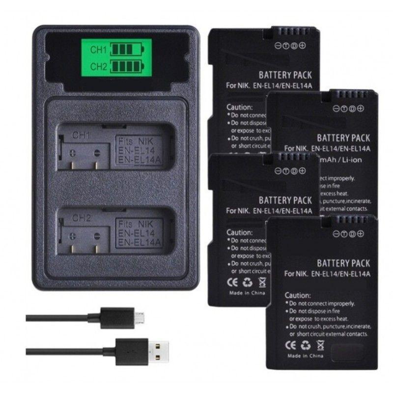 4 BATERÍAS EN-EL14 + CARGADOR DOBLE MH-24 ALTERNATIVO NIKON-0