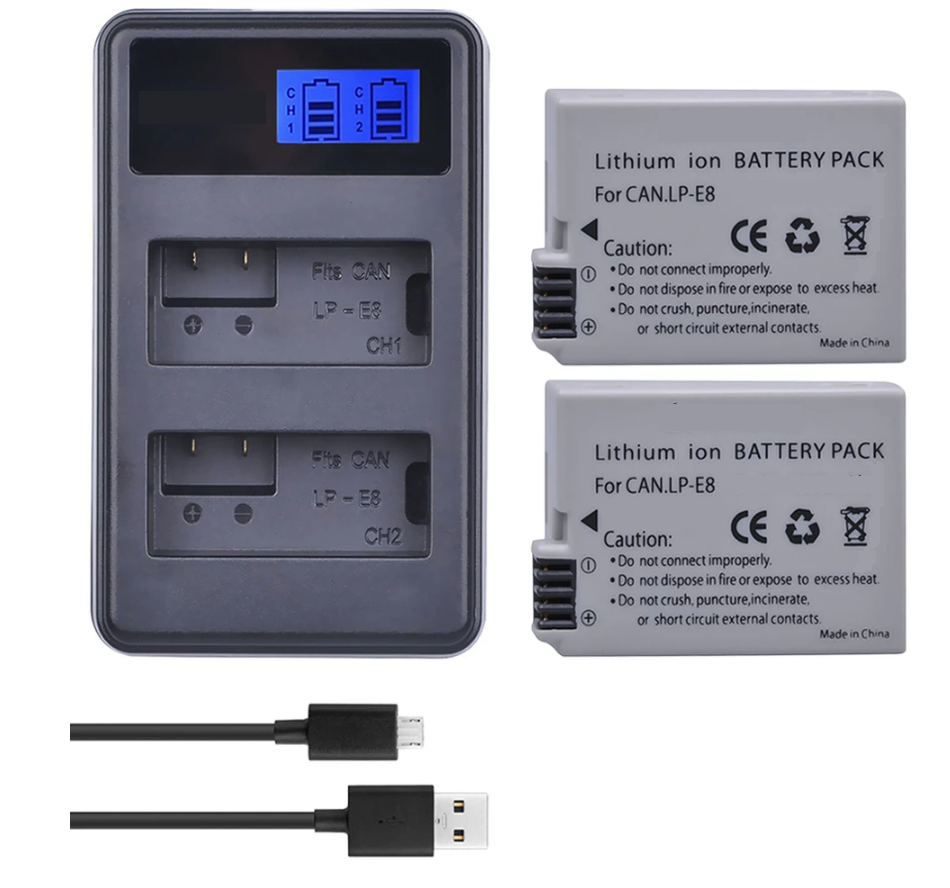 2 BATERÍAS LP-E8 + CARGADOR DOBLE LC-E8 ALTERNATIVO CANON-0